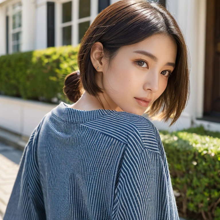 (4K,RAW Photography, Top image quality: 1.4), japanes, (same face as last time) (lifelike face), realisticeyes, beautiful finely detailed eyes, (real looking skin), Beautiful skins, enticing, 超A high resolution, A hyper-realistic, , the golden ratio, outside of house,the wind,frombelow, Striped long sleeve T-shirt