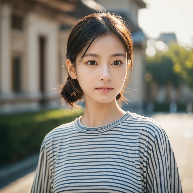 (４K,RAW Photography, Top image quality: 1.4), japanes, (same face as last time) (lifelike face), realisticeyes, beautiful finely detailed eyes, (real looking skin), Beautiful skins, enticing, 超A high resolution, A hyper-realistic, , the golden ratio, outside of house,the wind,frombelow, Striped long sleeve T-shirt
