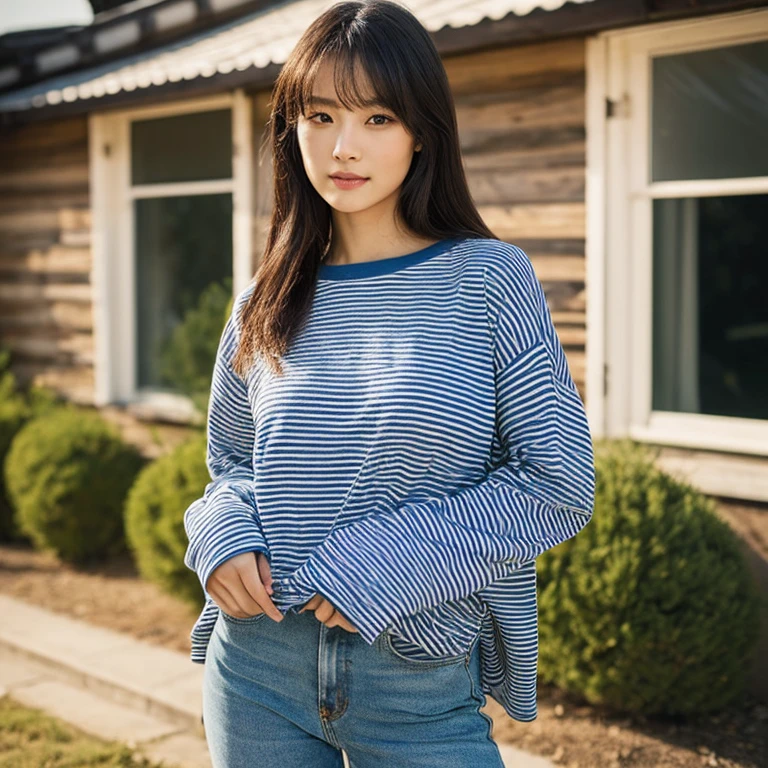 (4K,RAW Photography, Top image quality: 1.4), japanes, (same face as last time) (lifelike face), realisticeyes, beautiful finely detailed eyes, (real looking skin), Beautiful skins, enticing, 超A high resolution, A hyper-realistic, , the golden ratio, outside of house,the wind,frombelow, Striped long sleeve T-shirt