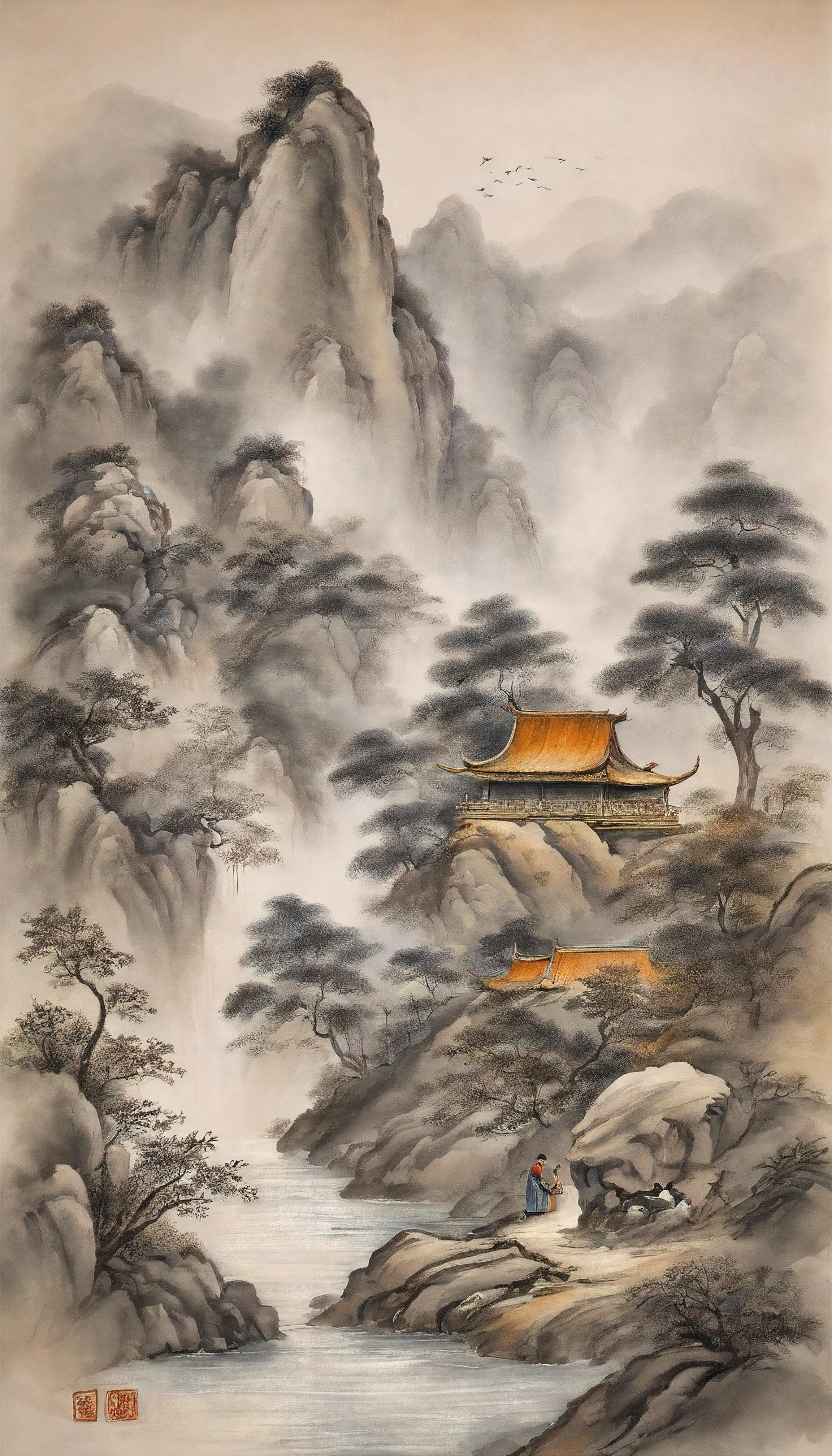 Chinese figure landscape painting,Ink painting and watercolor,larger ancient figures,The scholar,Lao Tzu,disciple,ink,Faraway view,Ultra-wide viewing angle,meticuloso,Low saturation in distant view,low-contrast,Beautifully depicted,Acura,Works of masters,tmasterpiece
