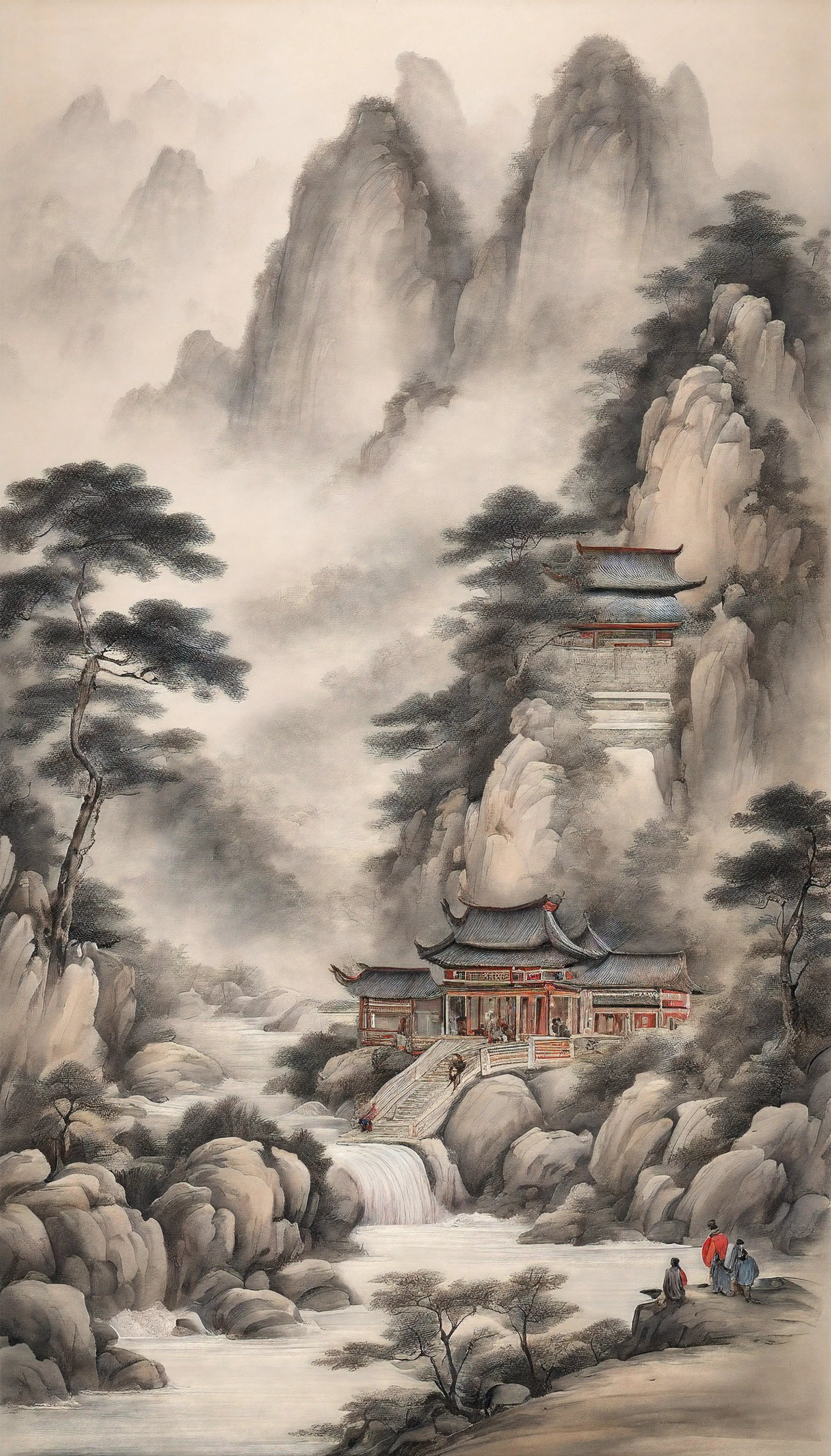 Chinese figure landscape painting,Ink painting and watercolor,larger ancient figures,The scholar,Lao Tzu,disciple,ink,Faraway view,Ultra-wide viewing angle,meticuloso,Low saturation in distant view,low-contrast,Beautifully depicted,Acura,Works of masters,tmasterpiece