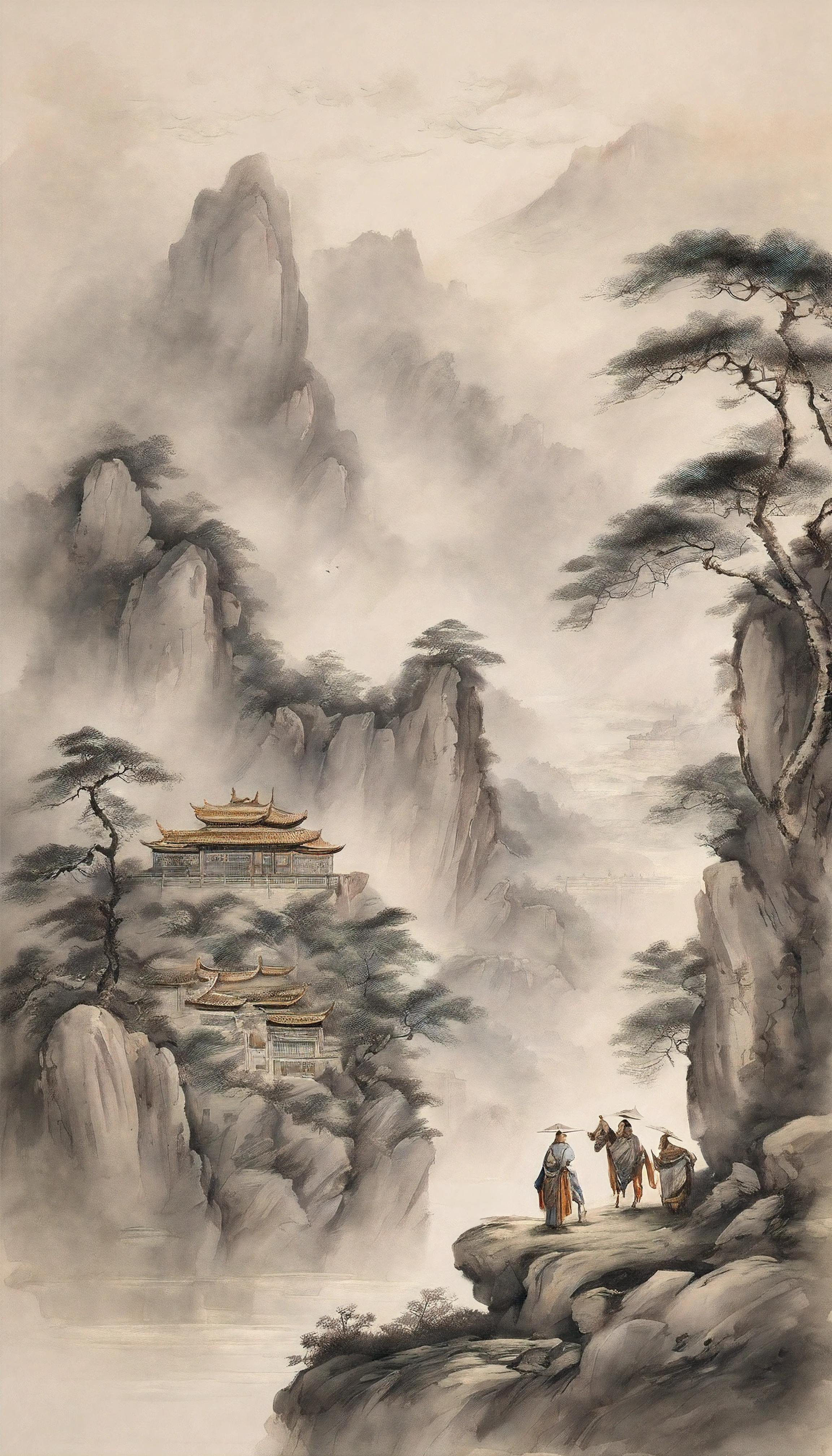 Chinese figure landscape painting,Ink painting and watercolor,larger ancient figures,The scholar,Lao Tzu,disciple,ink,Faraway view,Ultra-wide viewing angle,meticuloso,Low saturation in distant view,low-contrast,Beautifully depicted,Acura,Works of masters,tmasterpiece