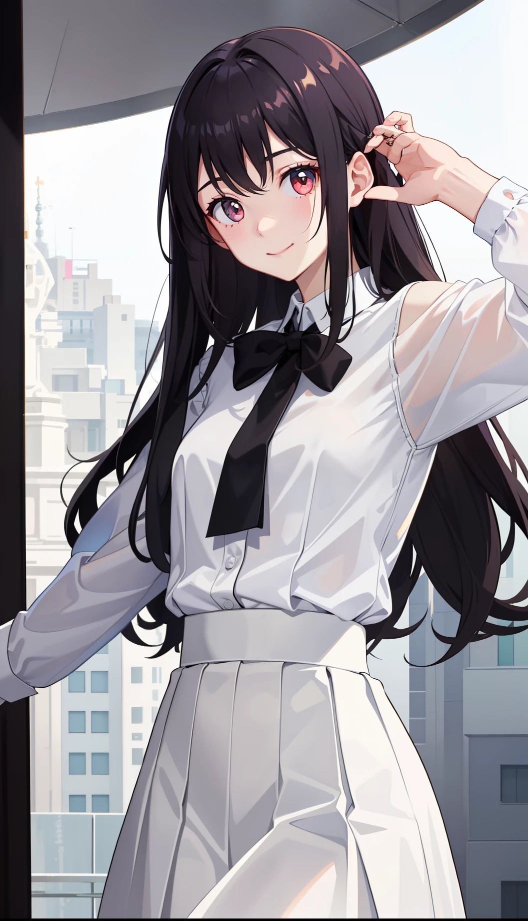 1girl in、A smile、light skinned、The shirt、Blouse、(paler)skirt by the、(small tits)Chilarism、movement、Upper body portrait、
