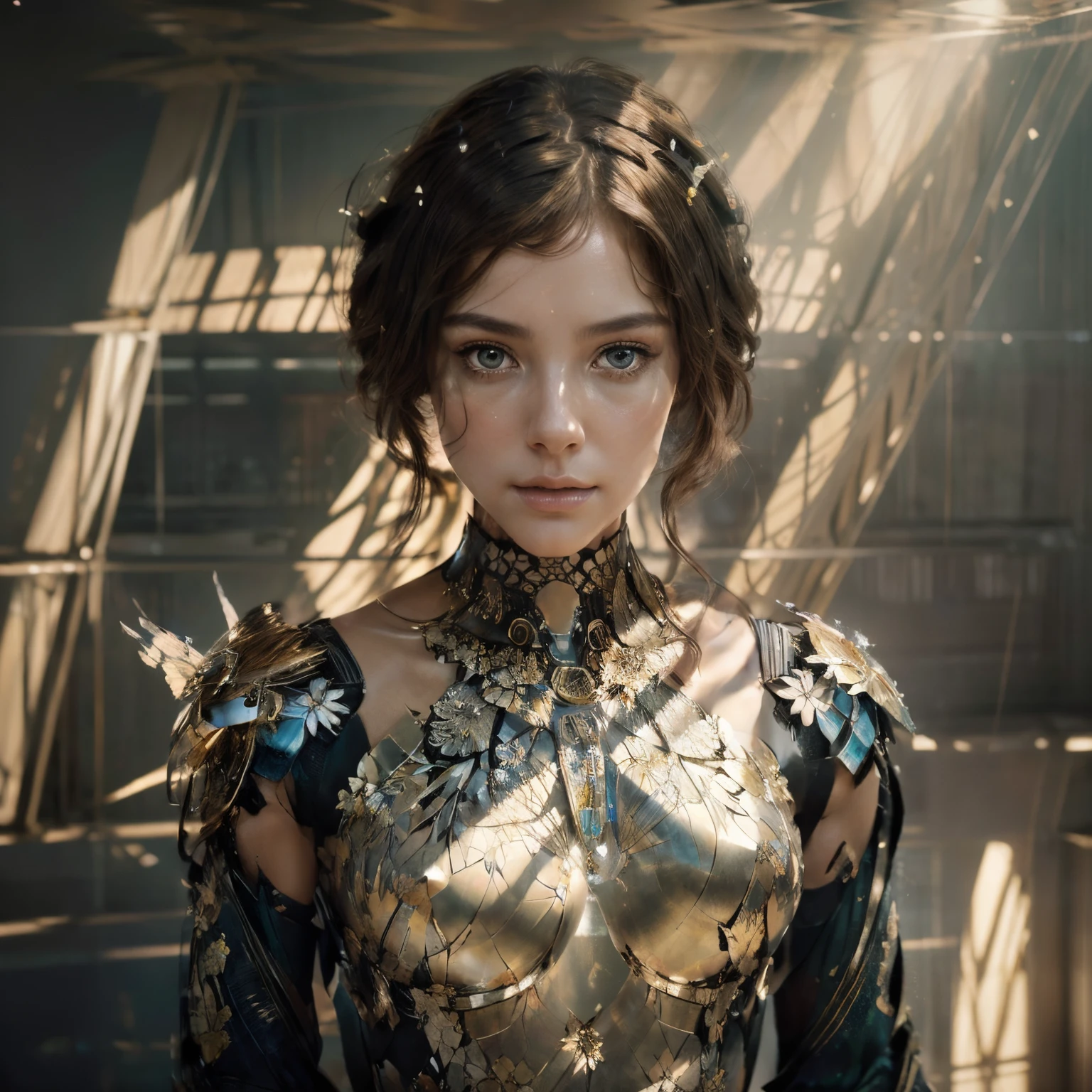 Portrait of a beautiful robot with 8k brown hair, intricate, Elegant, high-detail, majestic, Digital Photography, Art by Artgerm and Ruan Jia and Greg Rutkowski, Surreal paintings, Golden butterfly pattern, broken glass, (masterpiece, side light, fine beautiful delicate eyes: 1.2), Human Development Report