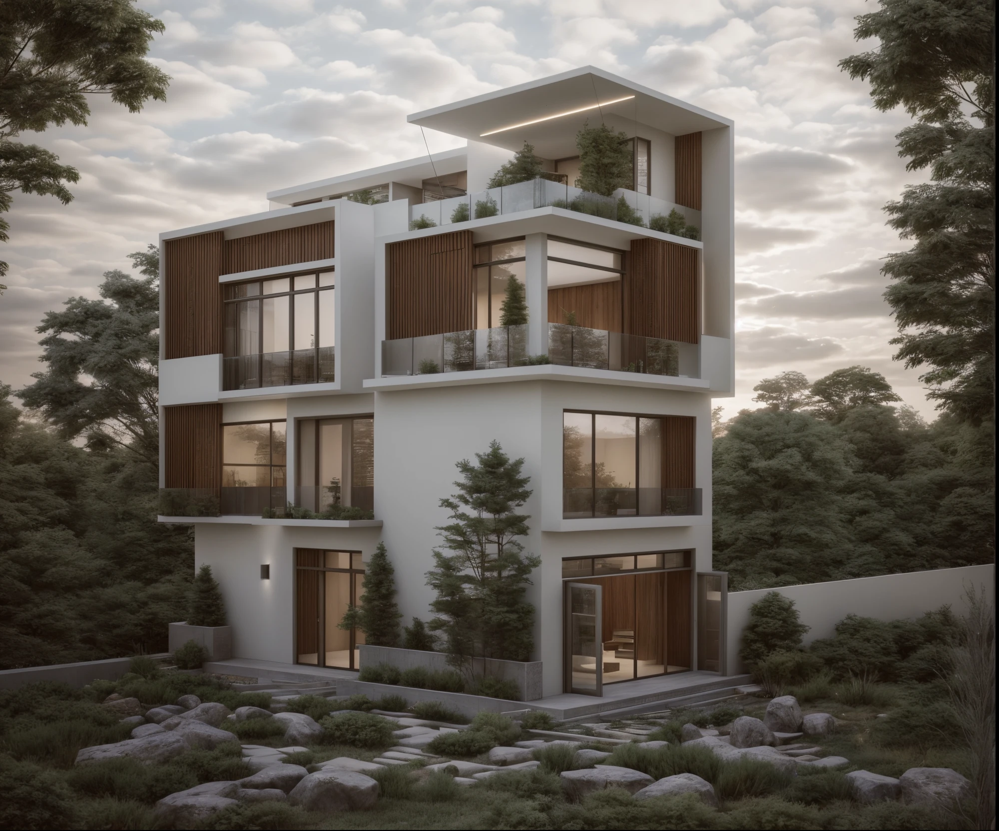 a house with many windows and a little stones, architectural sketches, architectural drawings, by Elena Guro, architectural ideas, architectural concepts, architectural renderings,  architectural illustration, beautiful renderings, realistic architecture, architectural drawing, by Radi Nedelchev, high quality architectural art, concept houses, architectural art, design  architectural design, beautiful and realistic photos, busy surrounding space, realistic trees, surrounding city landscape, daytime,lighting