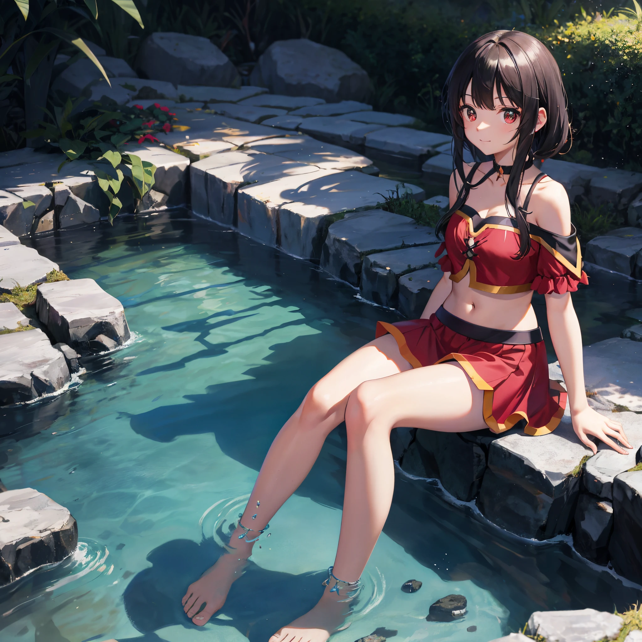 realista, foto, bonita, obra-prima, melhor qualidade, 1girl (Megumin do anime konosuba), solo, sam yang, nadador, sbikini, elegant bikini, peito pequeno, decote, linha bronzeada, foto retrato, olhando para o espectador, rosto detalhado, olhos longos detalhados (red eyes), cabelo detalhado(cabelos castanhos), parcialmente submerso, piscina ao ar livre, pele molhada, cabelo curto molhado, detalhes intrincados, sombra, Uplighting, ray tracing, High quality water, realistic water, HD, 4k