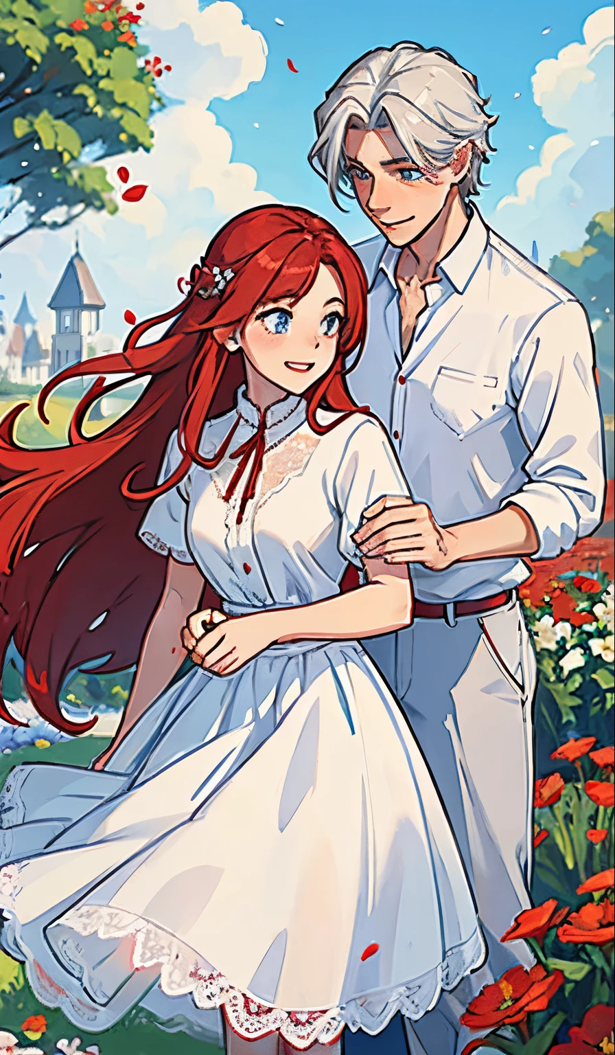 a female red long hair,red eye ,thin white lace shirt,White skirt , a male, gray hair, blue eyes, wears a white shirt, cream pants,shiny sky,2 people living,Bright smile,happy,Fun ,Lots of flowers in flower garden