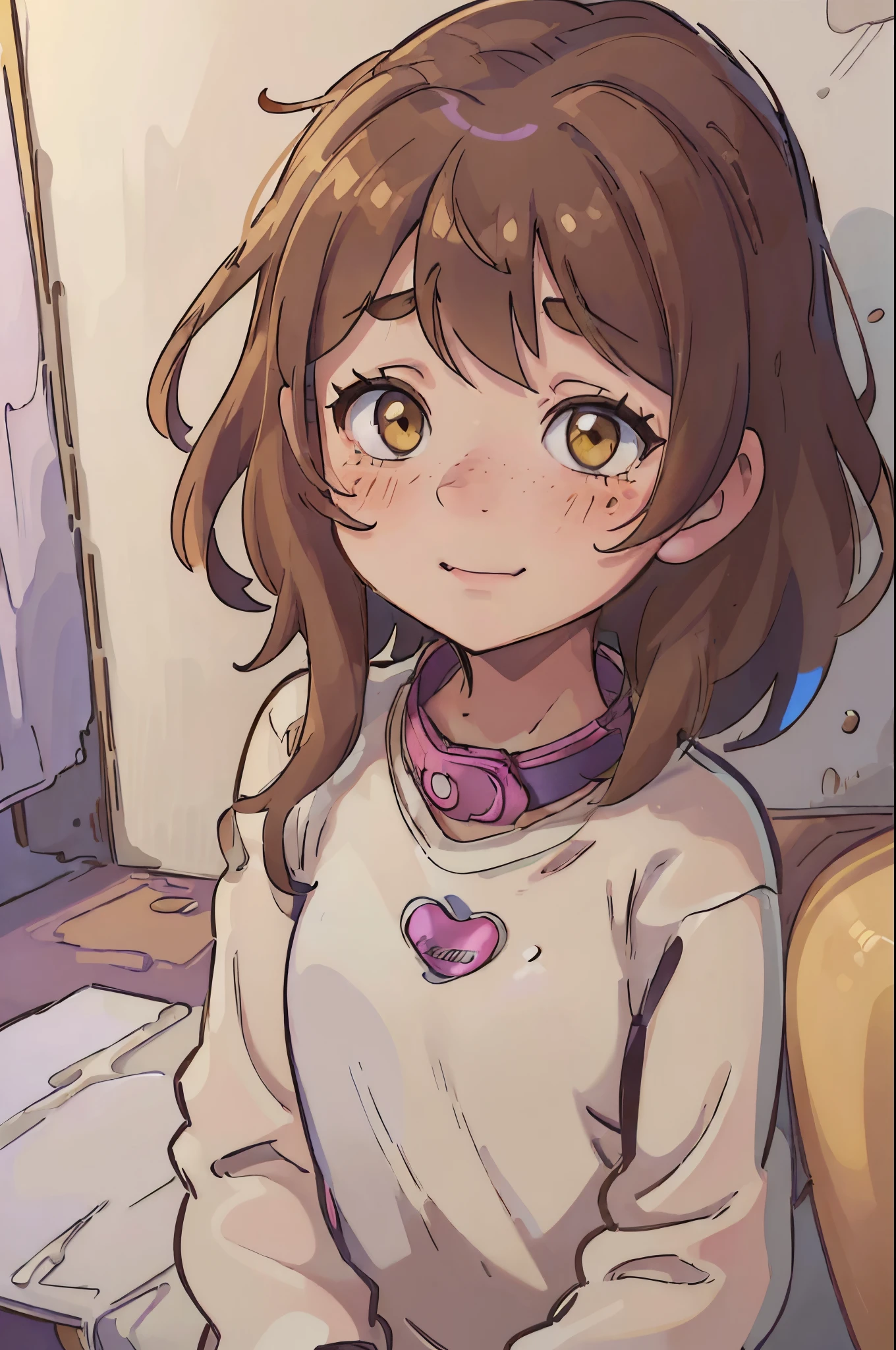 (best quality, highres, ultra-detailed), realistic, HDR, vivid colors, studio lighting, physically-based rendering, extreme detail description, 12-year-old girl with freckles on her cheeks, short brown hair, yellow eyes, lovely face, blushing and shy, uncomfortable smile, tender atmosphere, soft and gentle lighting With a dog collar ecchi