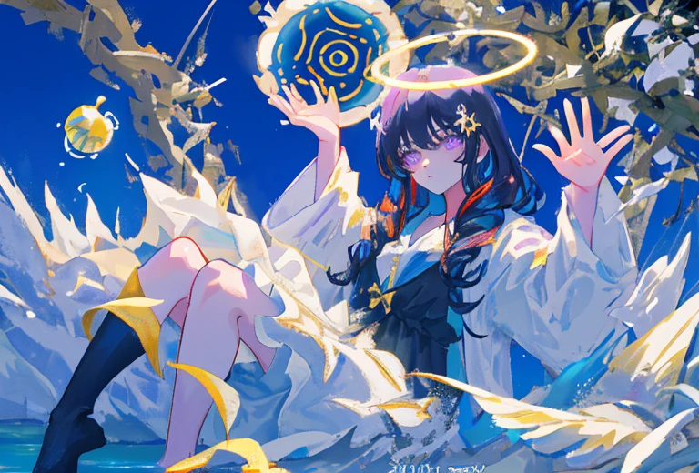 1girl, fringe, dark eyes, eye shadow, in a bathrobe, Woman waving her hands in the air, bubbles, the wind, dark aura, luminous skin, night time, blue skies, dark shadows, twin drills, Shiny hair, Dark halo, glowing eyes, Detailed background, water:1.2, Flowers:1.2, Masterpiece, 8K, woods、Natural background, like a, For example, shore of the lake、Efficient use of light and shadow、 Realistic & ultra realisic, kindness,  extremely detail, (Colorful:1.1), (Colorful Background1:1), (#30B3FF:1.5), (#FA52F4:1.1), Dance with Unearthly Creatures, Tarot symbols, bird、bee、Purple