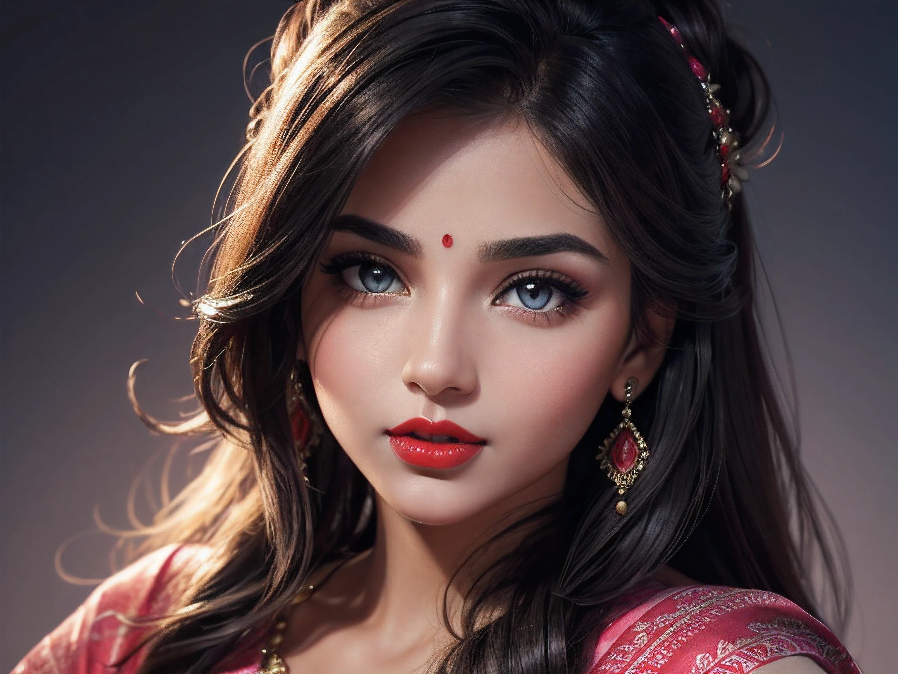 big boobs, night bokeh effect background, perfect pink eyes, fantastic face, Indian, beautiful look, ((red lips, bright eyes, curve heir 1.5)), ((beautiful details body)), A glorious gorgeous, glorious gorgeous face, pretty face, bright eyes, detailed elegant printed shirt, updo elegant hair, blurred gray tones background, ultra focus, face ilumined, face detailed, 8k resolution, painted, dry brush, brush strokes,
