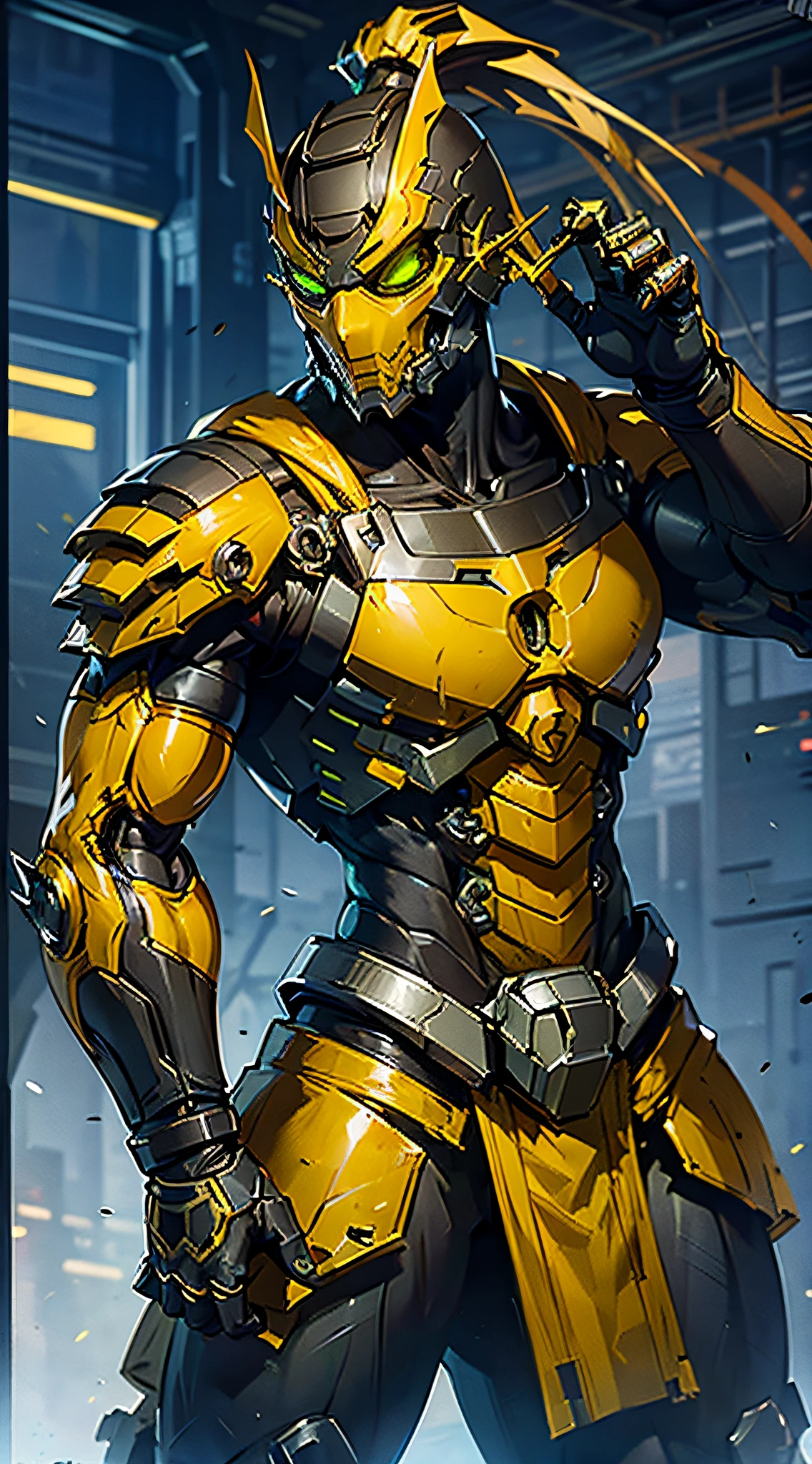 zxcrx, cyborg ninja wearing sleek, black and yellow armour that incorporates various mechanical components, his face is covered by a helmet with a green visor, wileds explosive bomb, equipped with arm-mounted buzzsaw blades, intricate, high detail, sharp focus, dramatic, photorealistic painting art by greg rutkowski