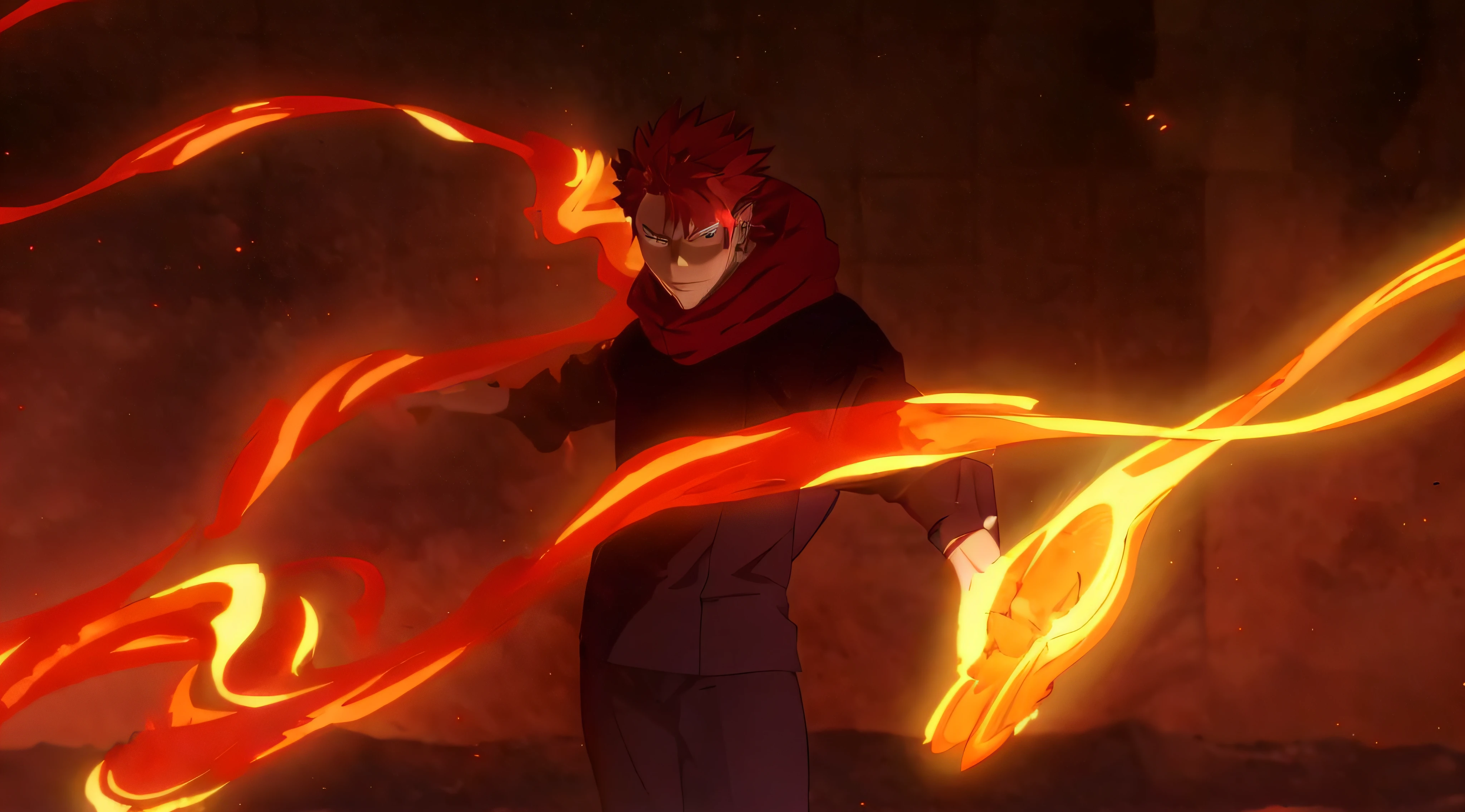 anime, a man with a red hair and a black outfit is holding a glowing fire, jujutsu kaisen, screenshot from black clover, fire!! full body, tanjiro kamado, blazing infero, style of red line anime movie, red smoke follows his movement, wielding fire, in the anime film, casting fire spell, fire powers