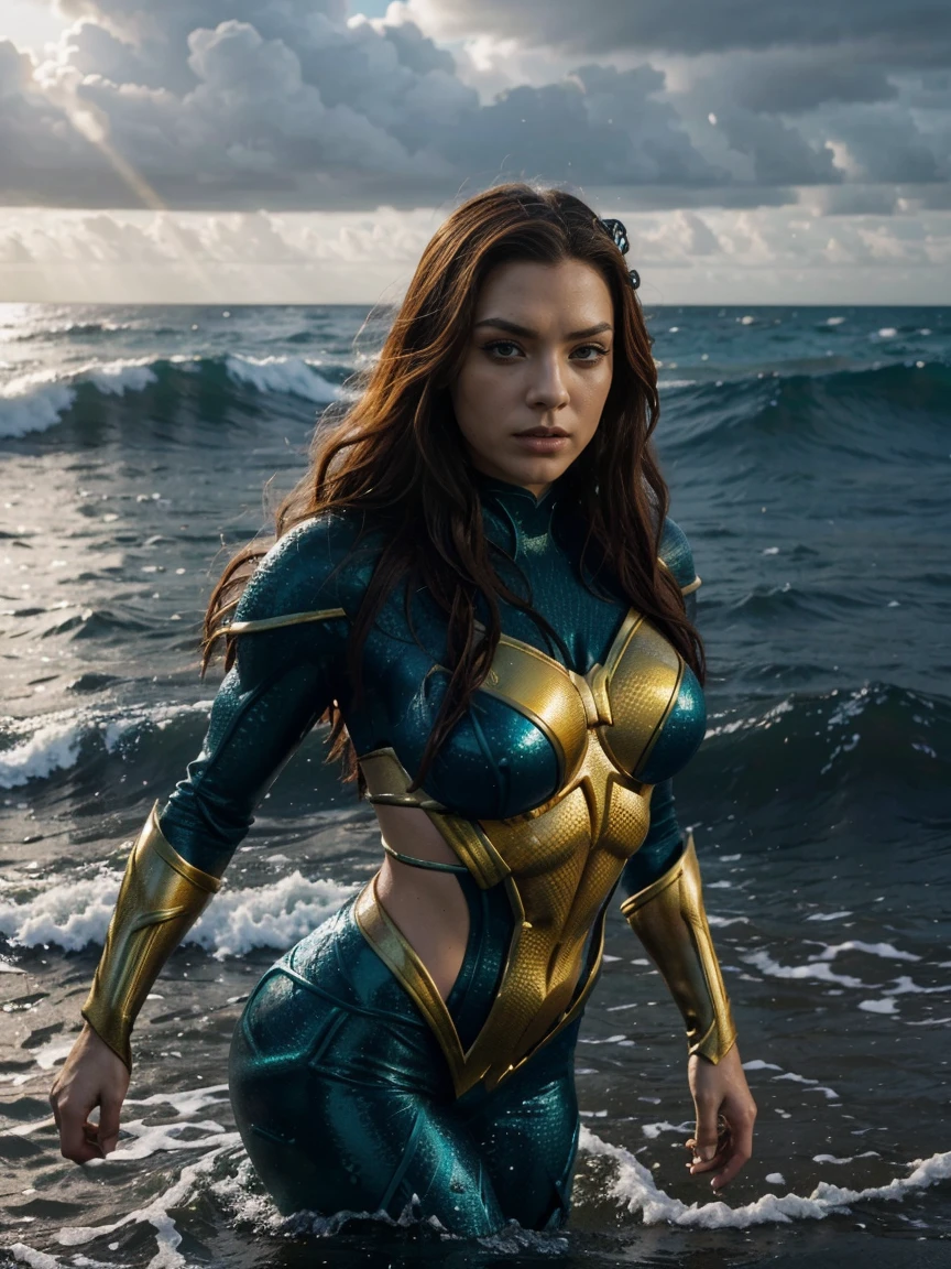 Create a vivid image featuring Mera from Aquaman on a beach surrounded by menacing villains. Specify Mera's pose, costume details, and her expression to convey her aquatic prowess. Describe the villains in the scene, including their appearance and any notable features. Consider the setting—whether it's a stormy beach or a moonlit night—and request elements that enhance the intensity of the confrontation, such as crashing waves or dramatic lighting. This will help tailor the image to your vision of a compelling Mera versus villains scenario.