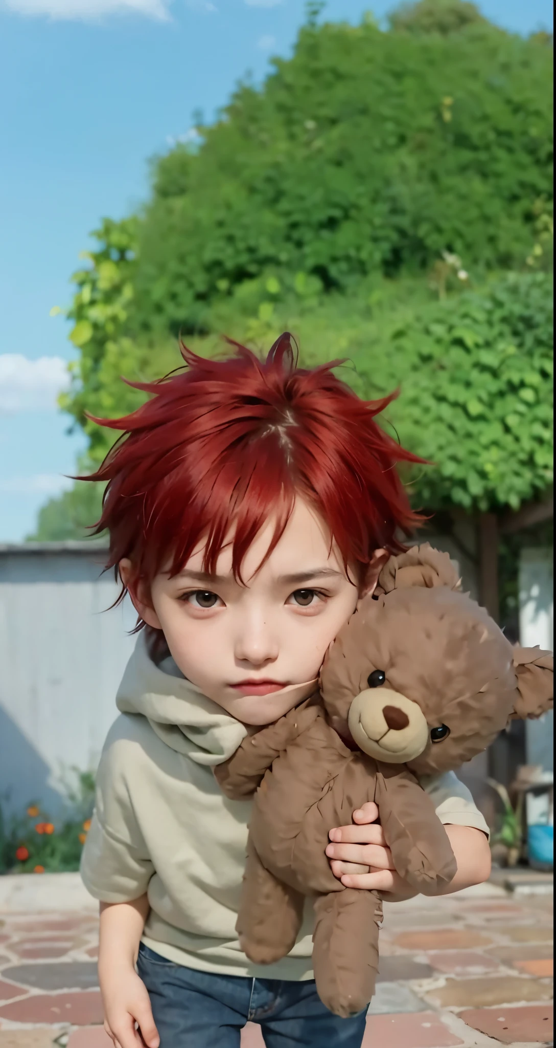 Real life adaption of this character ,The handsome face of a boy, realistic same red messy spiky hair , (realistic same outfit), realistic background , realistic light, realistic shadow, realism, hyper realistic,(photorealistic:1.2), normal small eyes, holding a Teddy bear