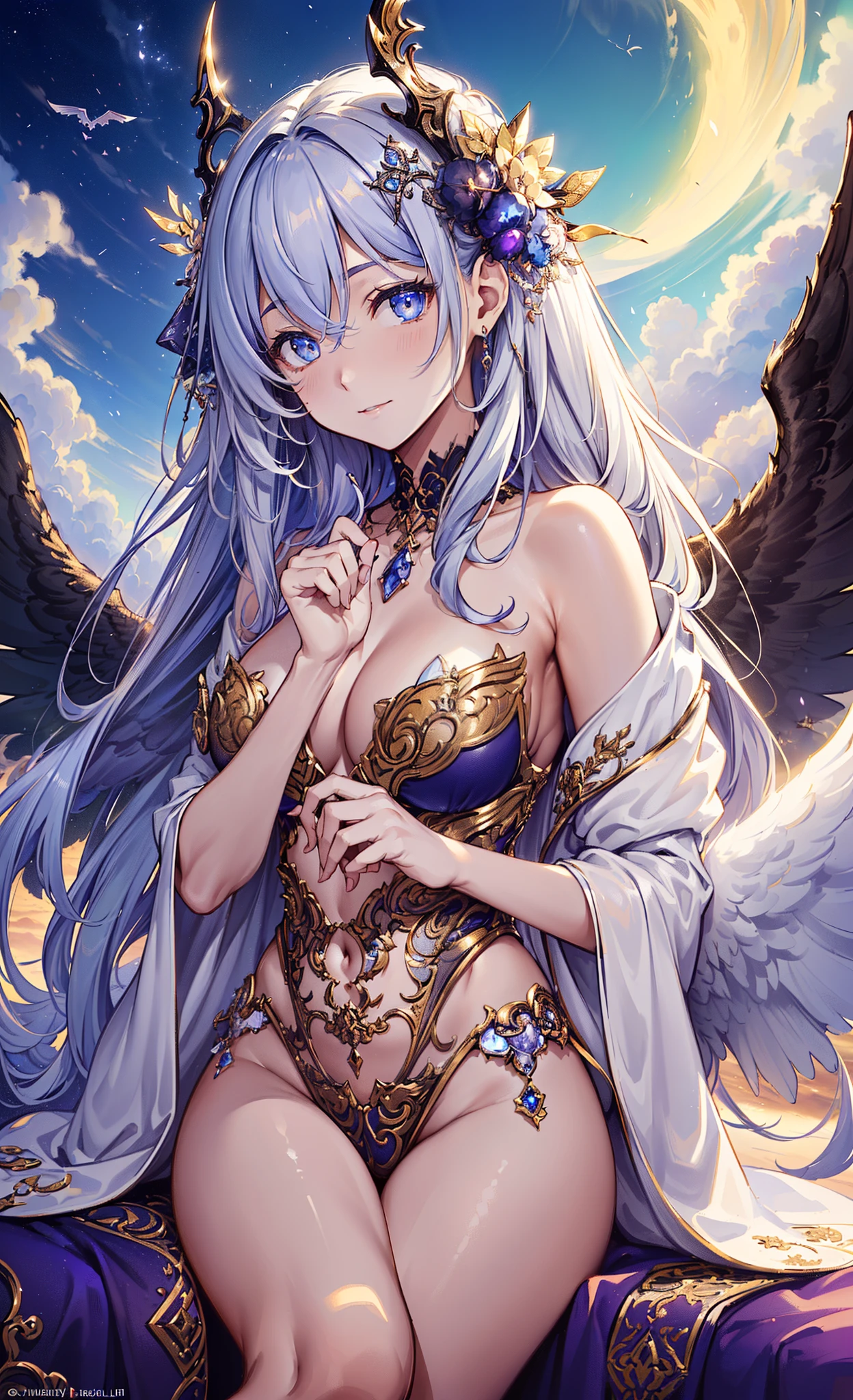 ((need)), ((tmasterpiece)), (Detailed pubic hair), Enchanting succubus, EtherealBeauty, perching in the clouds, (Fantasy illustration:1.3), Seductive gaze, captivating posture, delicate wings, otherworldly charm, mystical sky, (Luis Royo:1.2), (Yoshitaka Amano:1.1), Moon Night, pastelcolor, (Detailed cloud view:1.3), (A high resolution:1.2),Close-up shot,Close-up shot,黑The eye,Eyes are delicate and beautiful,Angelic,White wings