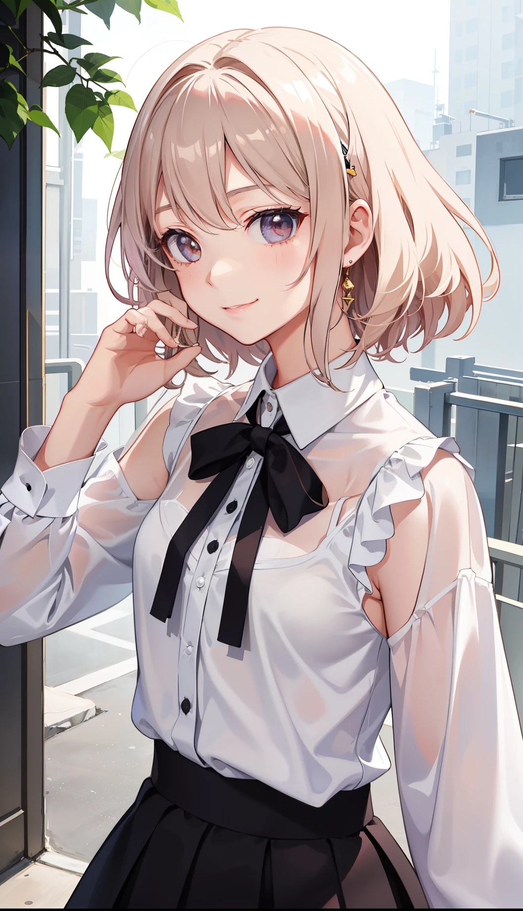 1girl in、A smile、light skinned、The shirt、Blouse、(paler)skirt by the、(small tits)Chilarism、movement、Upper body portrait、