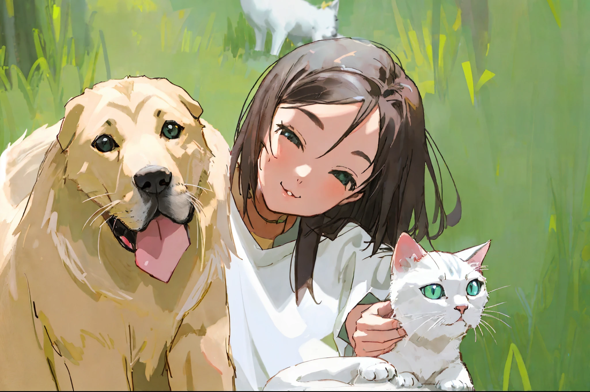 woman with a cat and dog in a park, pet animal, pets, animals, woman and cat, with dogs, close up photograph, she is holding a cat in her arms, pet, photo - shot, cat dog hybrid, friends, posing for camera, family photo, heartwarming, over-shoulder shot, photo shot, white, closeup photograph