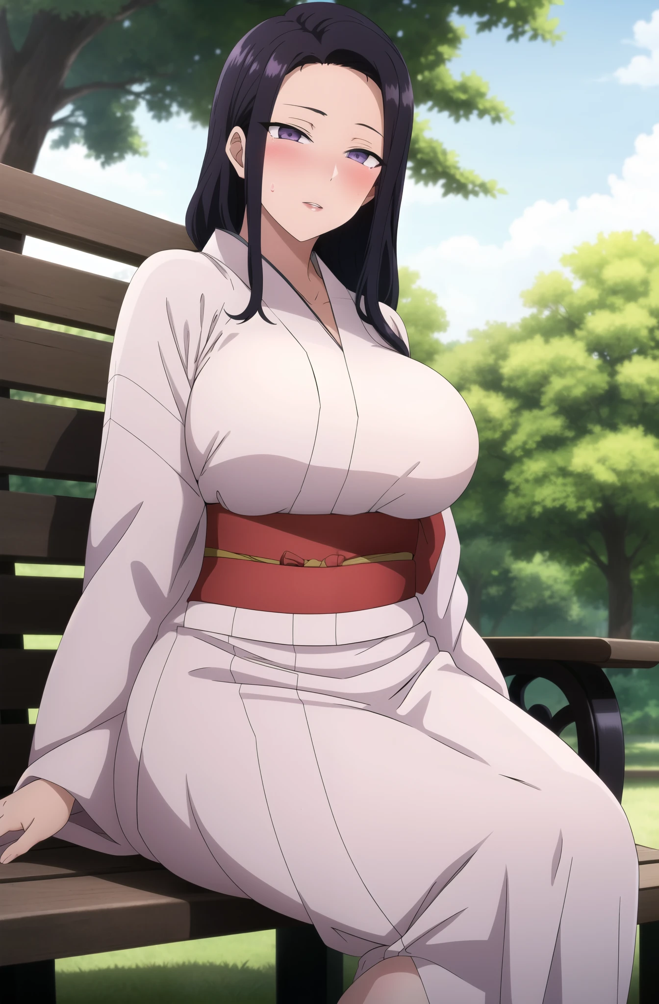 masterpiece, best quality, highly quality ,large breast,, black_hair, long_hair, hair_pulled_back,parted_lips,purple_eyes, white kimono , park background , (blush:1.2) , sitting , bench , tree , looking at viewer,