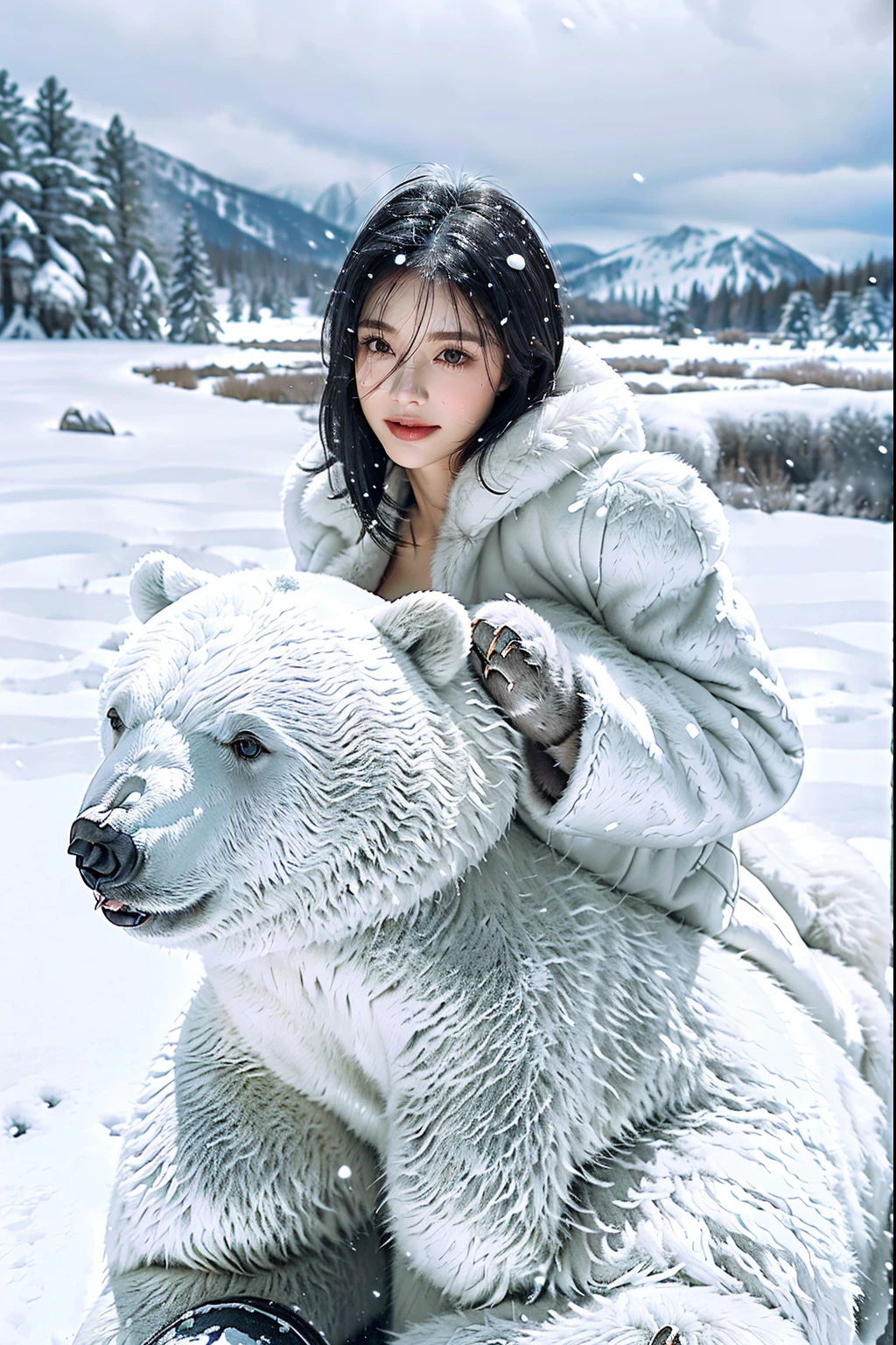 A woman without a shirt and naked in the lower part of her body, is hugging herself in the rain, her groin has hair, in the vagina area, she has black hair. She is cold, a white wolf is walking behind her, the shot is Yosemite Park in winter