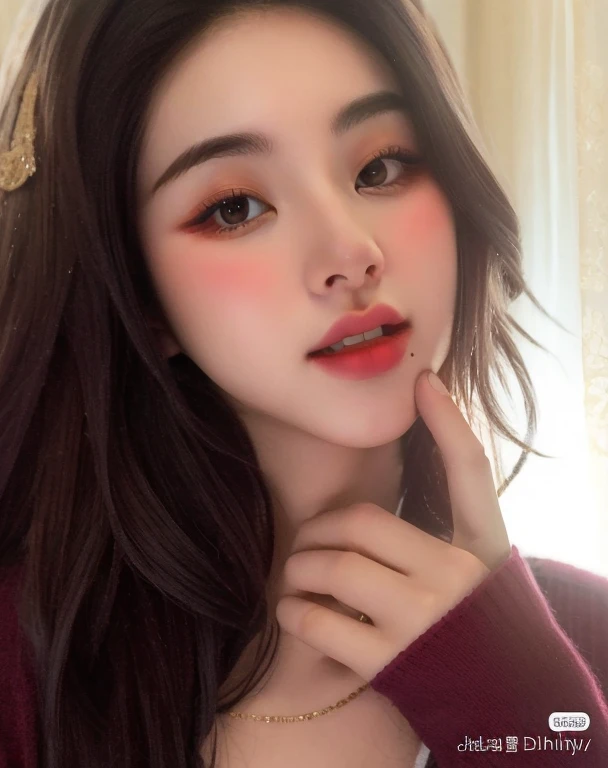 a closeup of a woman with long hair and a red sweater, pale-skinned persian girl, Labios claros y de alta calidad, dilraba dilmurat, Cindy Avelino, Hermosa mujer surcoreana, Bae Suzy, Sakimichan, Beautiful aesthetic face, labios gruesos, cara extremadamente hermosa, con labios muy finos, 19 year old girl