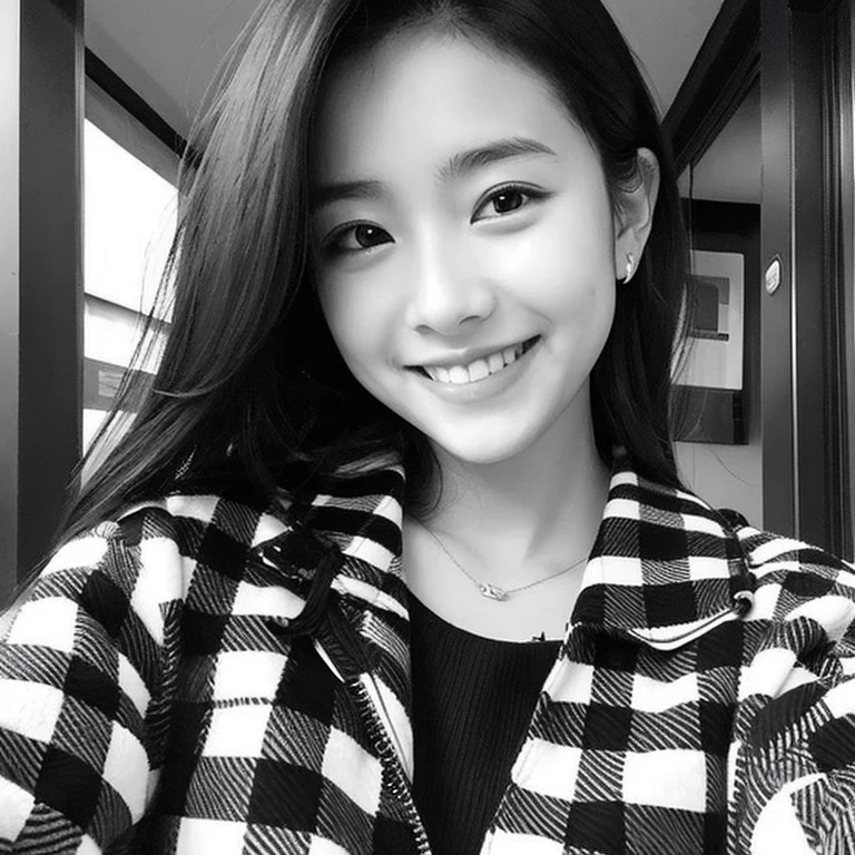 plaid shirt and black and white jacket, girl with the same face as last time, Cute smile,selfee