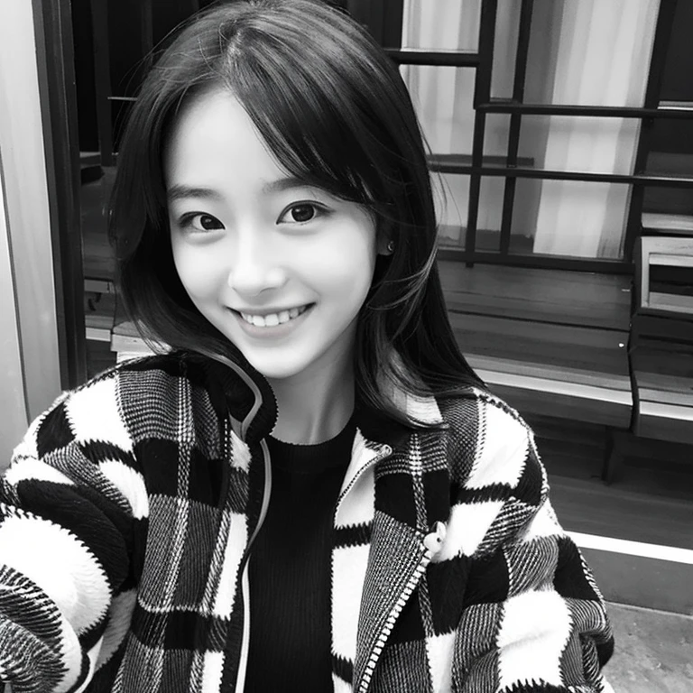 plaid shirt and black and white jacket, girl with the same face as last time, Cute smile,selfee
