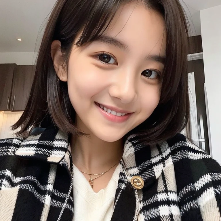 plaid shirt and black and white jacket, girl with the same face as last time, Cute smile,selfee