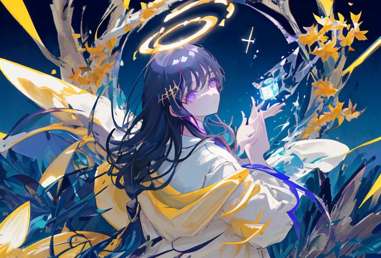 1girl, fringe, dark eyes, eye shadow, in a bathrobe, Woman waving her hands in the air, bubbles, the wind, dark aura, luminous skin, night time, blue skies, dark shadows, twin drills, Shiny hair, Dark halo, glowing eyes, Detailed background, water:1.2, Flowers:1.2, Masterpiece, 8K, woods、Natural background, like a, For example, shore of the lake、Efficient use of light and shadow、 Realistic & ultra realisic, kindness, extremely detail, (Colorful:1.1), (Colorful Background1:1), (#30B3FF:1.5), (#FA52F4:1.1), Dance with Unearthly Creatures, Tarot symbols, bird、bee、Purple, sea, beach