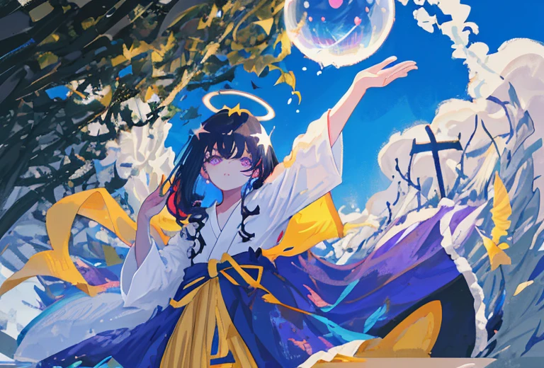 1girl, fringe, dark eyes, eye shadow, in a bathrobe, Woman waving her hands in the air, bubbles, the wind, dark aura, luminous skin, night time, blue skies, dark shadows, twin drills, Shiny hair, Dark halo, glowing eyes, Detailed background, water:1.2, Flowers:1.2, Masterpiece, 8K, woods、Natural background, like a, For example, shore of the lake、Efficient use of light and shadow、 Realistic & ultra realisic, kindness,  extremely detail, (Colorful:1.1), (Colorful Background1:1), (#30B3FF:1.5), (#FA52F4:1.1), Dance with Unearthly Creatures, Tarot symbols, bird、bee、Purple, sea, beach