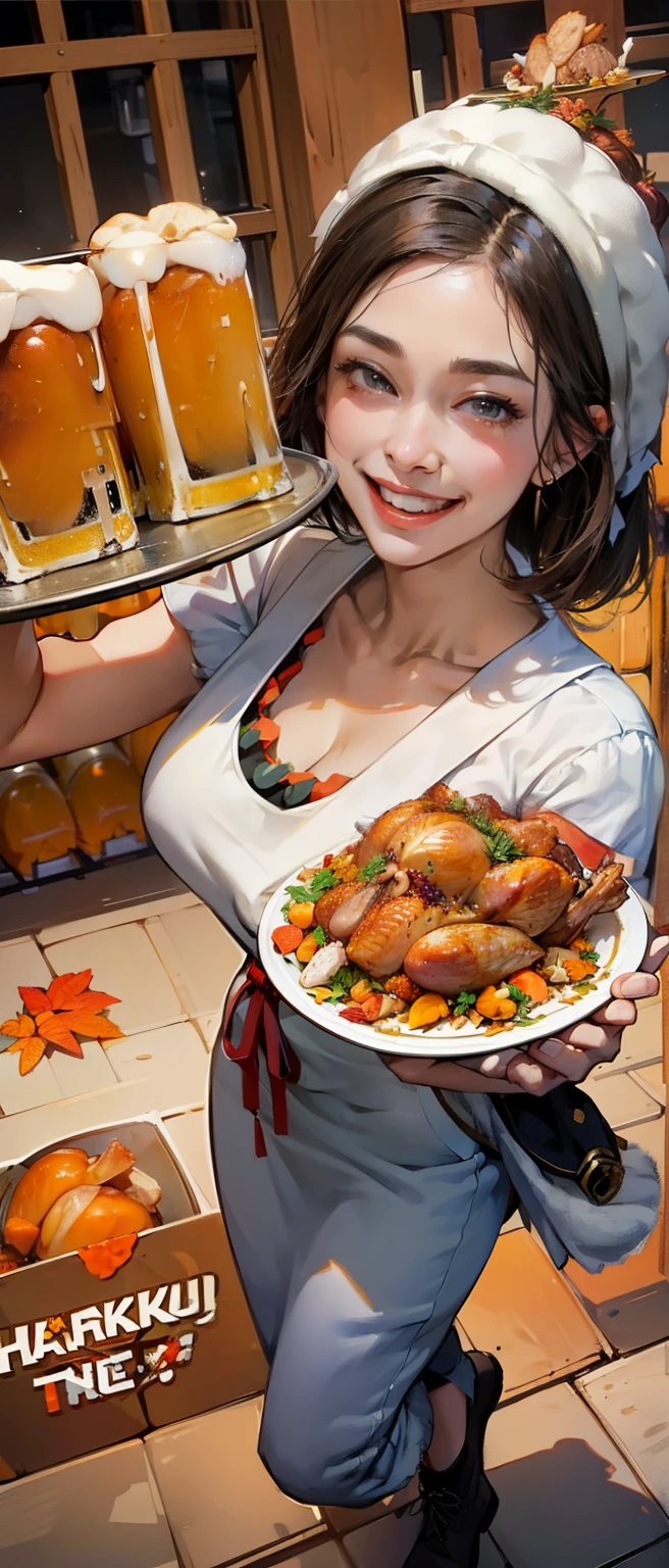 (masutepiece, top-quality, 8K), (1womanl, perfectly proportions, Beautiful face, Cute face, Colossal tits, Big ass, Beautiful legs, stares at the camera), young woman wearing an apron, (carrying a thanksgiving turkey plate and beer:1.9) , Restaurants popular for turkey, (Laugh:1.6), View from above, thanksgiving turkey , short dark hair, Aesthetic , Photo, turkey on a plate, mug of beer, Crowded restaurants,