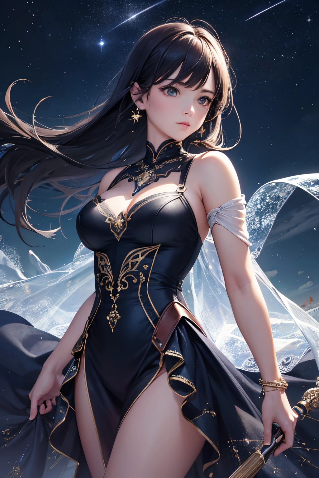 (masterpiece, best quality, hires, high resolution:1.2, 4k, 8k , high quality), extremely detailed, realistic, intricate details, highres, 1girl, solo, (cinematic lighting, sunlight, perfect lighting, backlighting), eye-level shot, extreme close-up-shot, looking at viewer, 
 wrenchfaeflare, glowing, embroidery, accessories, jewelry, reflection, refraction, insert_your_color dress, insert_yourr_pattern pattern, add_some_random_mumbo_jumbo__like_molten_lava_frozen_ice_idk, night sky, starry sky, star \(sky\),