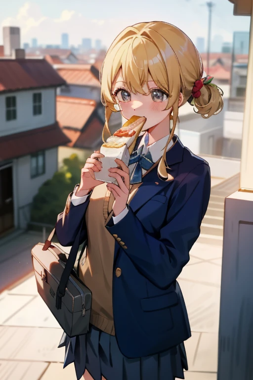 (8K、top-quality、top-quality、masterpiece、ighly detailed: 1.2)、 1 人、The upper part of the body、femele、Eating lunch on the rooftop with my boyfriend、lunch boxes、full of shyness、half laugh、at noon、 head-on、blonde hair、a blond、Wearing a blazer、in school uniform、Pupils、Breasts are big