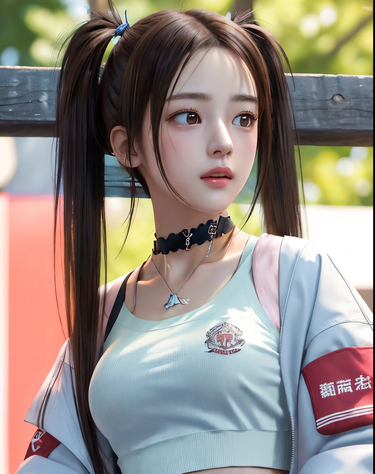 Photorealistic, masutepiece, Best Quality, Raw photo, 1girl in, Solo, Twin tails, Brown hair, Detailed face, alluring face, 耳环、sharp eye、a choker、Neon Shirt、Open jacket、croptop, medium breasts, Dynamic Pose, Looking at Viewer, From below, Detailed background, fine detailed, intricate detailes, Ray tracing, depth of fields, lowkey, nffsw