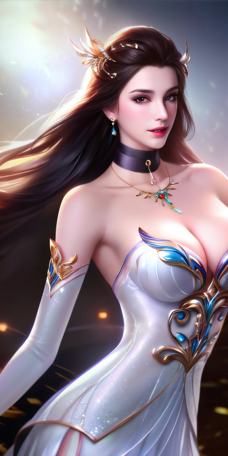 Best quality at best, tmasterpiece, A high resolution, 1个Giant Breast Girl, Clear silk porcelain dress, pretty  face, hair adornments, looking at viewert, ssmile, Keep your mouth shut,cparted lips, a skirt,hair adornments, choker necklace, jewely, long whitr hair, 耳Nipple Ring, pretty  face,above_body, dingdall effect,realisticlying, dark studio, edge lit, two color lights,(highdetailskin:1.2), 8k ultra high definition, SLR camera, gentlesoftlighting, high qulity, Volumetriclighting, Frankness, photore, A high resolution, 4K, 8K, bokeh