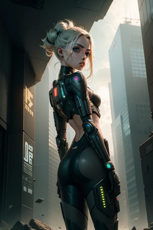 High Detail RAW color Photo,hyperrealistic,digital painting,wide shot,Full Shot,(lens flare:0.5), (bloom:0.5), portrait,(highly detailed, fine details, intricate), incredibly absurdres,(luxurious cyberpunk:1.4,Dystopian,sci-fi), concept art,ornate, from side,looking to the side,
1girl,Lucy \(cyberpunk\),European_Girls,(cute female arterial intelligence,robot, cyborg:1.5),(robotic parts,augmentations,mechanical arms, mechanical legs,silver halmet), (cybernetic implants:1.4,microchip,metal,electric wires,cable,silicone),grey eyes,asymmetrical hair, standing,(holding_weapon,battle_rifle,handgun),belt,(wearing shiny tight soft light suit,see-through white chemise), open jacket,detached sleeves,hip vent,metallic bone exposed,toned physique,slender,medium breasts exposure,breasts out,large ass, (pale skin),(detailed skin, diffused skin pores),HQ, angelic, decorations, embellishments,hard edge,
breathtaking,outdoors, ((in surreal planet Raphael Lacoste)),nighectricity, bright neon colors,sprawling cyberpunk city skyline), turbulent storm, rain,smog,tendrils, spirals, dust,(((flying shipadlands, observitory)