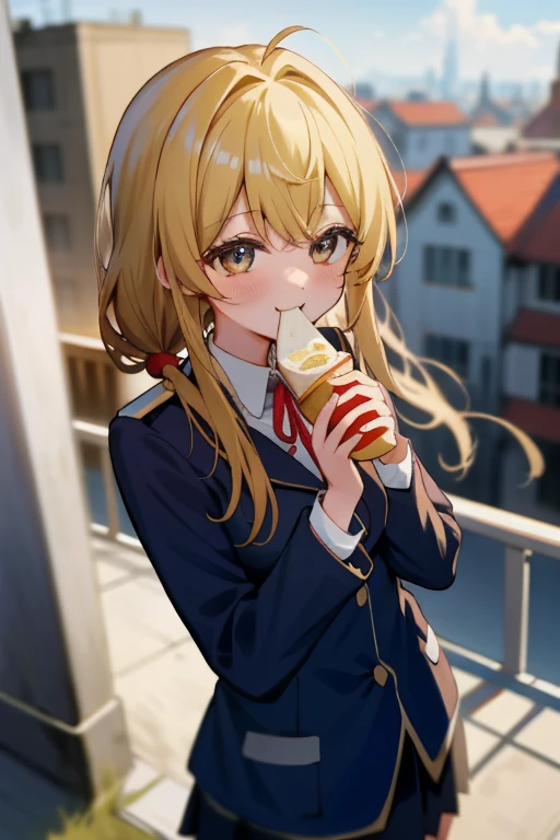 (8K、top-quality、top-quality、masterpiece、ighly detailed: 1.2)、女の子 1 人、The upper part of the body、femele、Eating lunch on the rooftop with my boyfriend、full of shyness、half laugh、at noon、 head-on、blonde hair、a blond、Wearing a blazer、in school uniform、Pupils、Breasts are big