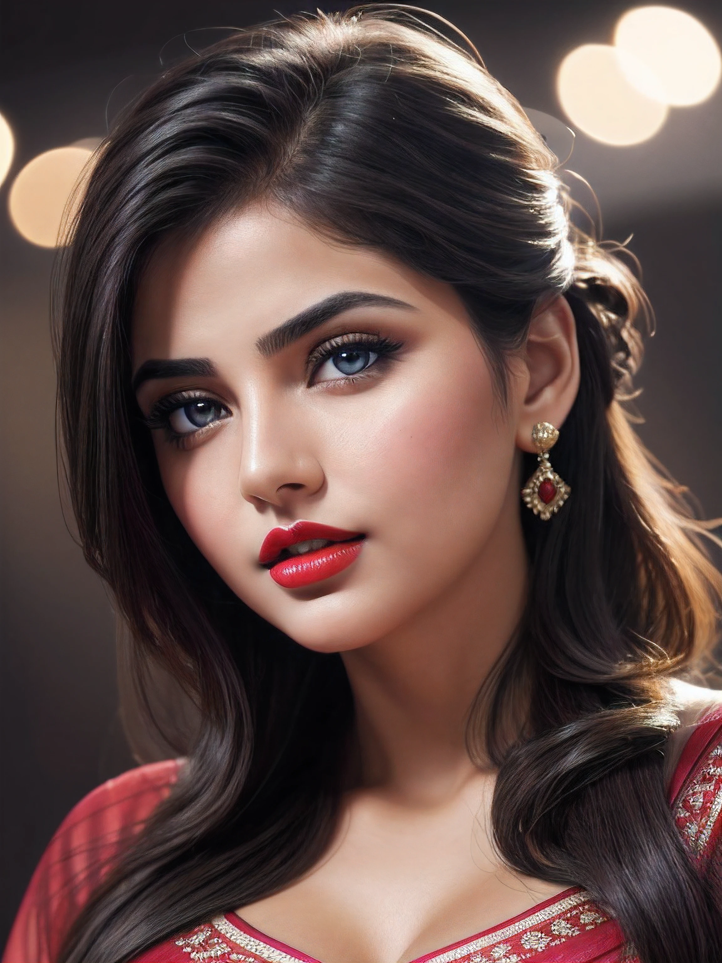 big boobs, night bokeh effect background, perfect pink eyes, fantastic face, Indian, beautiful look, ((red lips, bright eyes, curve heir 1.5)), ((beautiful details body)), A glorious gorgeous, glorious gorgeous face, pretty face, bright eyes, detailed elegant printed shirt, updo elegant hair, blurred gray tones background, ultra focus, face ilumined, face detailed, 8k resolution, painted, dry brush, brush strokes,