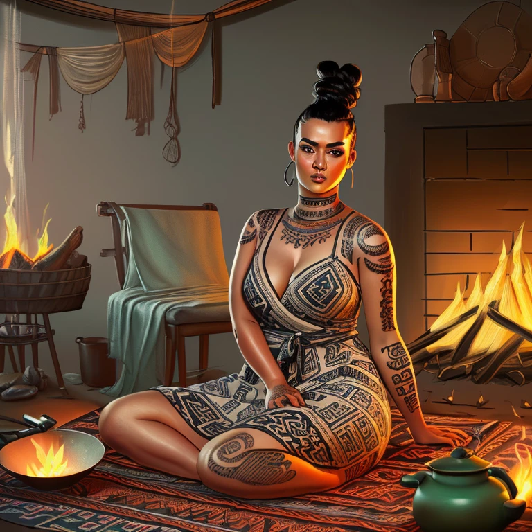 ((curvy  beautiful  young mexican woman sitting cooking over a fire)) ((tattooed arms)) and ((topknot)) and ((cloth wrap dress)) ((aztec)), (Steve Henderson Fabian Perez Henry Asencio Jeremy Mann Marc Simonetti), illustration, digital painting, highly detailed, skin details, sharp, 8k