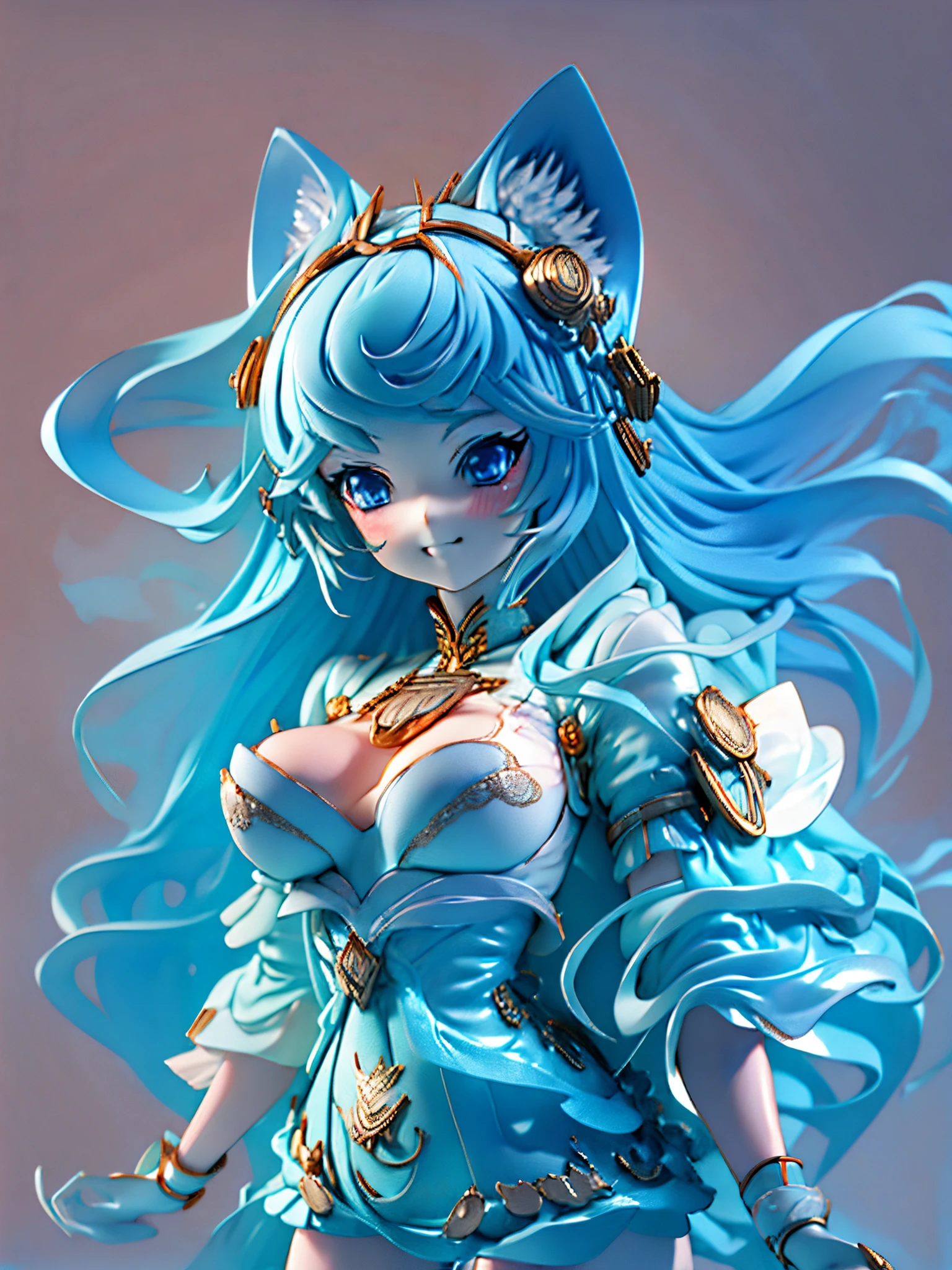 Full body, Best detailed girls, depthoffield, Large breasts, shiny, neat figure, Beautiful detailed girl, 17 age、 long light wavy hair, Flowing hair, Air bangs, beautiful detailed long hair, Hair intake, pale blue hair, Silky hair, extremely detailed cute anime face, a smile, beautiful detailed deep eyes, Cat ears, Delicate hands, cleavage cutout, zettai ryouiki, pale blue eyes, Smooth skin, Delicate gold metal decoration, flower, frilly dress, Puffy Short Sleeves, translucent short skirt, leg ribbon, Brightly colored clothing, landscapes, delicate glow, grass field, spark of light, refined rendering, the Extremely Detailed CG Unity 8K Wallpapers, Best Quality, ultra-detailliert,sparkle in the background、