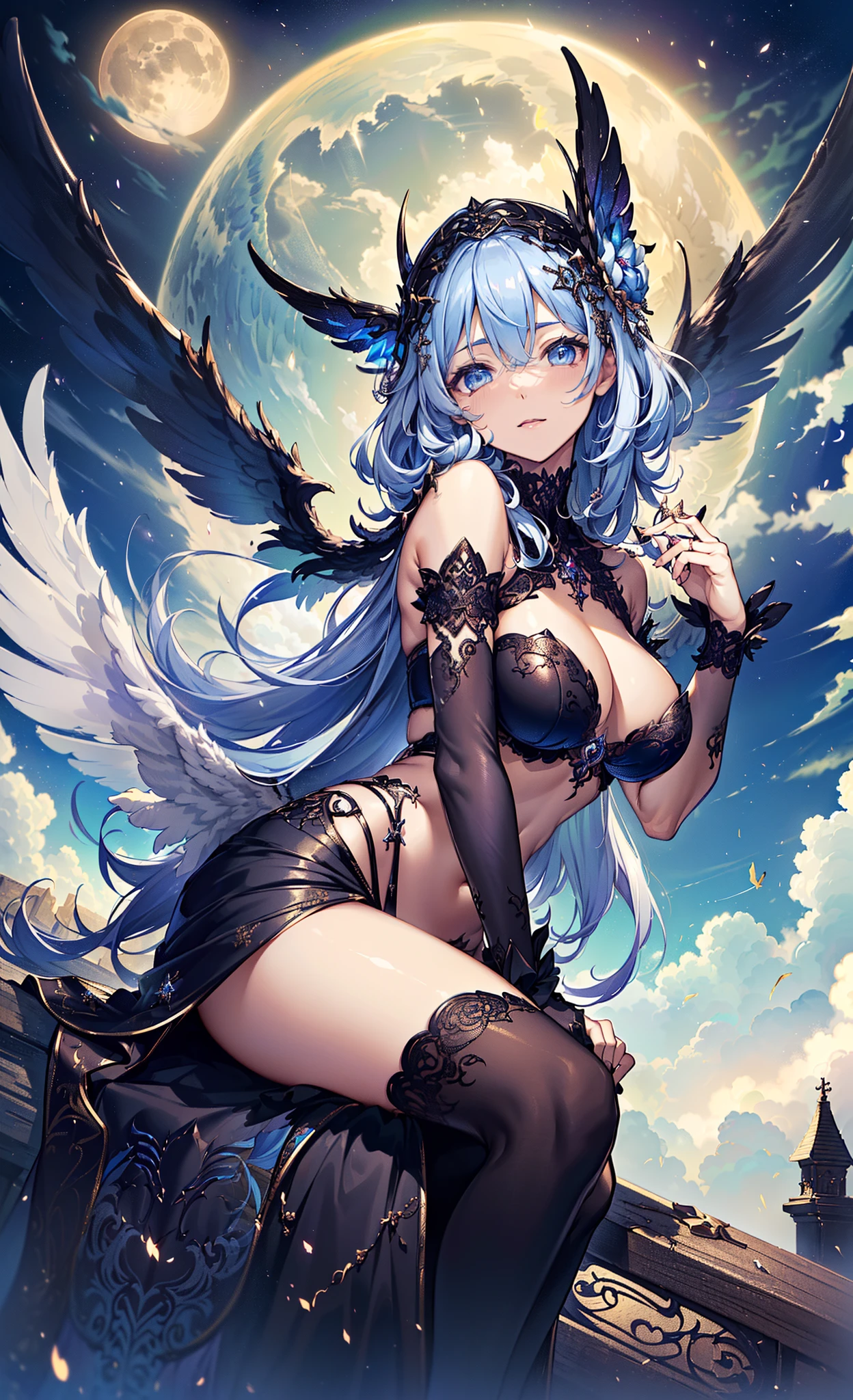 ((need)), ((tmasterpiece)), (Detailed pubic hair), Enchanting succubus, EtherealBeauty, perching in the clouds, (Fantasy illustration:1.3), Seductive gaze, captivating posture, delicate wings, otherworldly charm, mystical sky, (Luis Royo:1.2), (Yoshitaka Amano:1.1), Moon Night, pastelcolor, (Detailed cloud view:1.3), (A high resolution:1.2),Close-up shot,Close-up shot,黑The eye,Eyes are delicate and beautiful,Angelic,White wings
