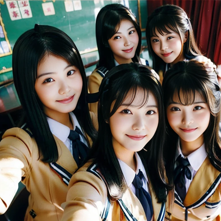 a picture、(multiple girls),((6+girls))、10 girls、The same face、10 cute 16-year-old girls with long black hair in matching school uniforms、a smile、selfee、Classroom、Raw photo、same person