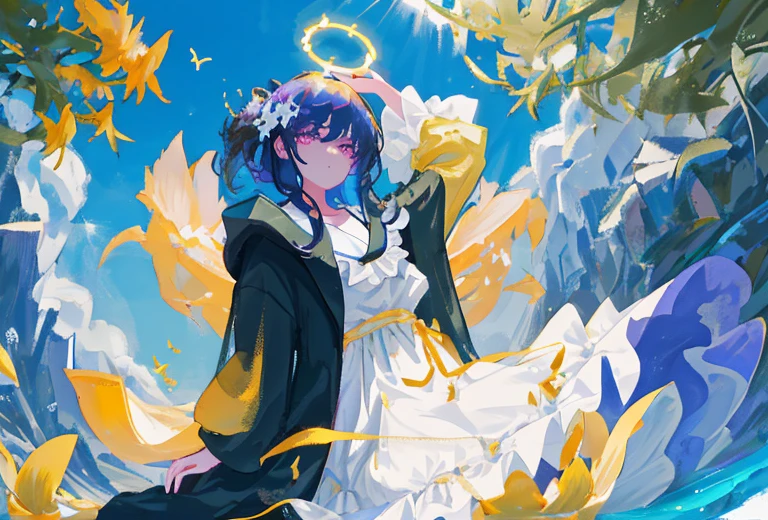 1girl, fringe, dark eyes, eye shadow, in a bathrobe, Woman waving her hands in the air, bubbles, the wind, dark aura, luminous skin, night time, blue skies, dark shadows, twin drills, Shiny hair, Dark halo, glowing eyes, Detailed background, water:1.2, Flowers:1.2, Masterpiece, 8K, woods、Natural background, like a, For example, shore of the lake、Efficient use of light and shadow、 Realistic & ultra realisic, kindness, extremely detail, (Colorful:1.1), (Colorful Background1:1), (#30B3FF:1.5), (#FA52F4:1.1), Dance with Unearthly Creatures, Tarot symbols, bird、bee、Purple, Sea, Beach, fish, under water, carp