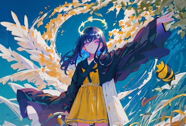 1girl, fringe, dark eyes, eye shadow, in a bathrobe, Woman waving her hands in the air, bubbles, the wind, dark aura, luminous skin, night time, blue skies, dark shadows, twin drills, Shiny hair, Dark halo, glowing eyes, Detailed background, water:1.2, Flowers:1.2, Masterpiece, 8K, woods、Natural background, like a, For example, shore of the lake、Efficient use of light and shadow、 Realistic & ultra realisic, kindness,  extremely detail, (Colorful:1.1), (Colorful Background1:1), (#30B3FF:1.5), (#FA52F4:1.1), Dance with Unearthly Creatures, Tarot symbols, bird、bee、Purple, Sea, Beach, fish, under water, carp