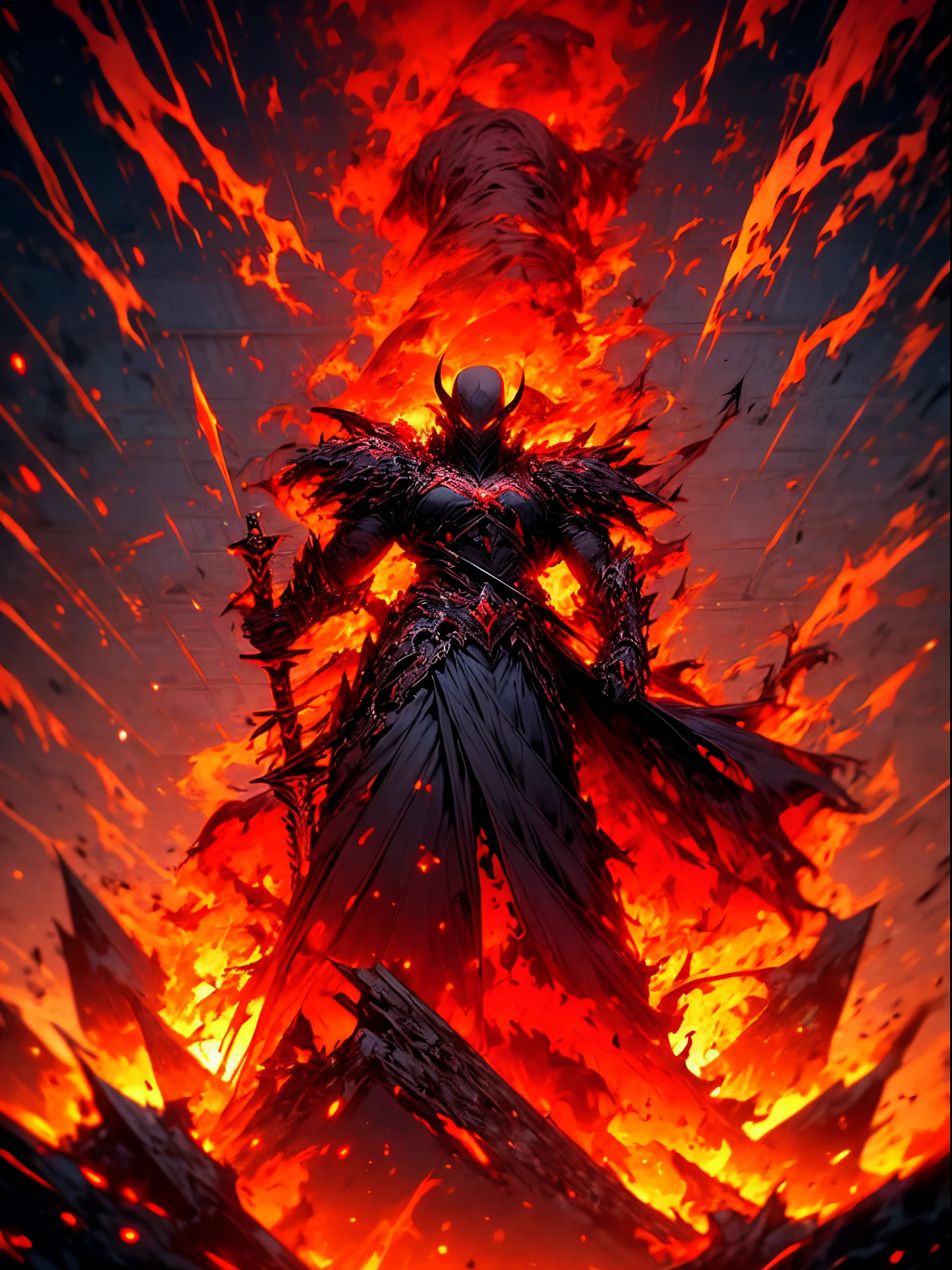 a Raging Dragon Slaying Woman, dragon Armor, Fearful Eyes, Death Stare, Beautiful, Swords in his hands, Collapsed civilization with dead dragons on the background, mixture a elements raging from his sword and from behind, facing toward camera, red and black eyes,