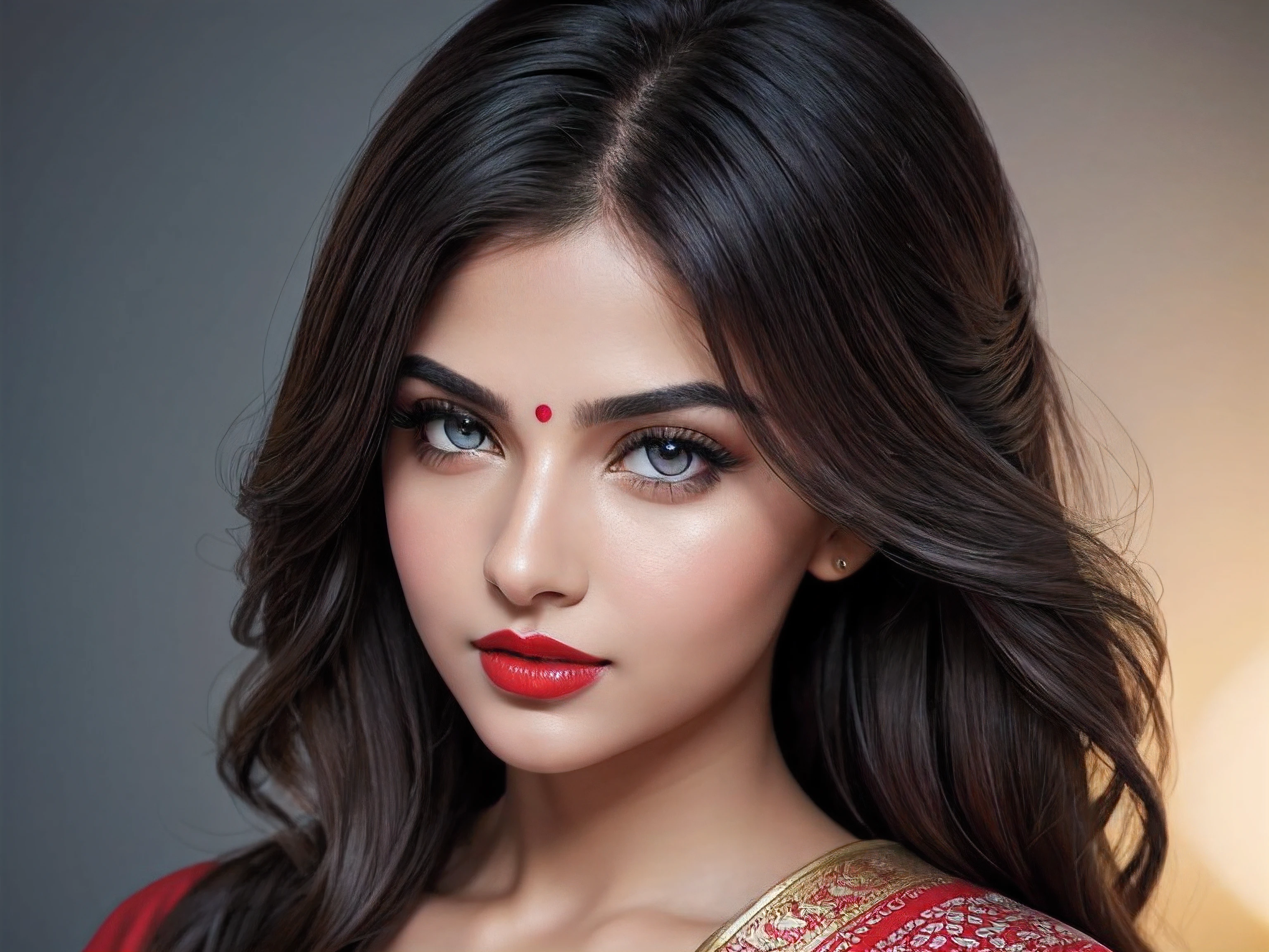 night bokeh effect background, perfect pink eyes, fantastic face, Indian, beautiful look, ((red lips, bright eyes, curve heir 1.5)), ((beautiful details body)), A glorious gorgeous, glorious gorgeous face, pretty face, bright eyes, detailed elegant printed shirt, updo elegant hair, blurred gray tones background, ultra focus, face ilumined, face detailed, 8k resolution, painted, dry brush, brush strokes,