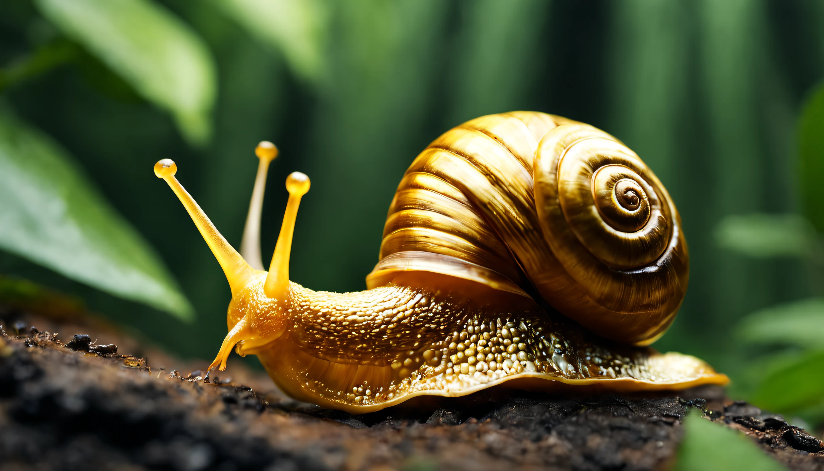 a golden snail in indonesian folklore with perfect form, in the best nature forest landscape, with HDR and nature forest scenery, hyperrealistic, hyperdetailed, photo hyper realistic, hypersharp, hyper focus, perfect contrast