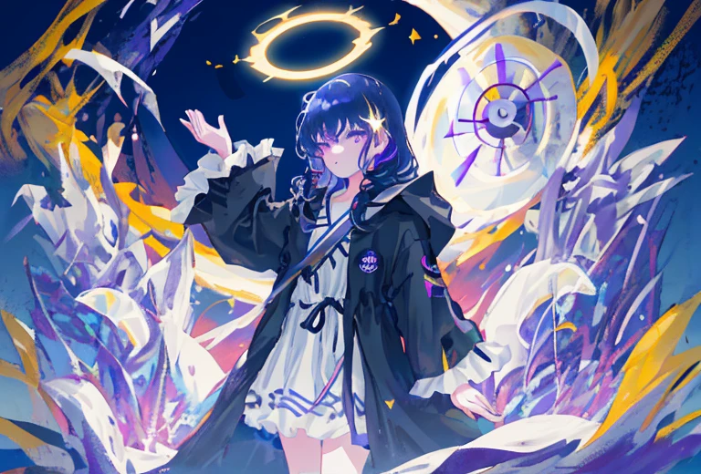 1girl, fringe, dark eyes, eye shadow, in a bathrobe, Woman waving her hands in the air, bubbles, the wind, dark aura, luminous skin, night time, blue skies, dark shadows, twin drills, Shiny hair, Dark halo, glowing eyes, Detailed background, water:1.2, Flowers:1.2, Masterpiece, 8K、Efficient use of light and shadow、 Realistic & ultra realisic, kindness, extremely detail, (Colorful:1.1), (Colorful Background1:1), (#30B3FF:1.5), (#FA52F4:1.1), Dance with Unearthly Creatures, Tarot symbols、Purple, Sea, Beach, fish, under water, Carp