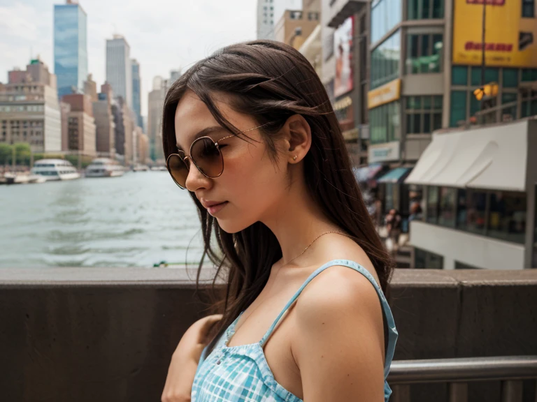 cute girl wear in frock , sunglass and croweded new york city background view from side