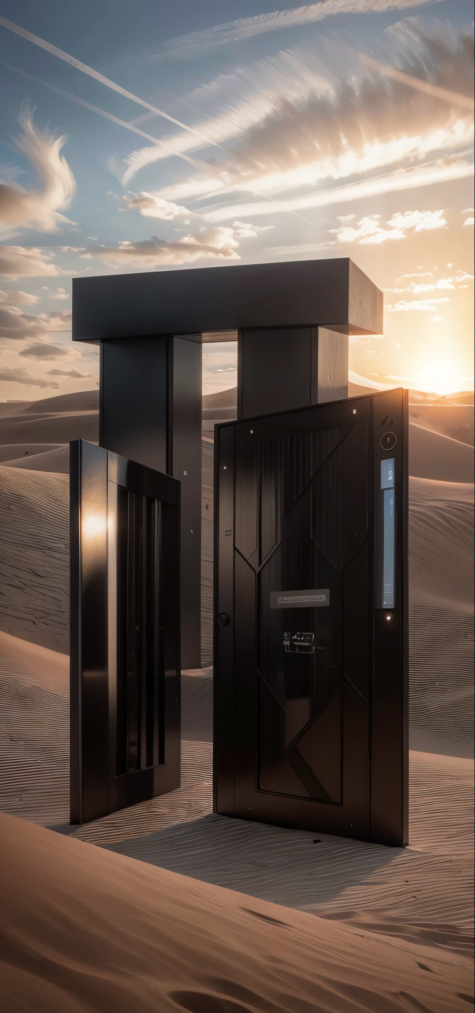 There is a black door in the middle of the desert, 4K detail, 4k detail, 8K details, 8K details, Large commercial LED display, Giant LED screen, Close portrait, detalhe poderoso, LED display, the are In the background, digital walls, large screens, giant screens, 3D product rendering, advanced technique, wide portrait, technologies, Portrait shooting