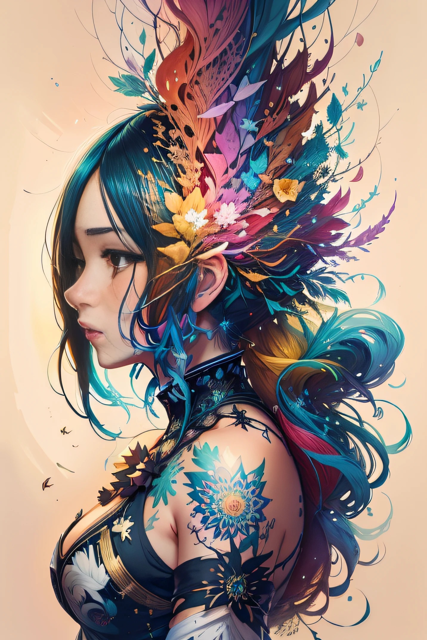 Create a beautiful tree, tree woman With the torso with a feminine silhouette. with the female silhouette, a perfect body. With green leaves.digital drawing, perfect face, Glossy skin, 8k concept art portrait, dynamic lighting, superdetail, detailed image, complex background, alcohol ink drawing.,beautiful woman, A woman with black hair wearing a colorful outfit and a black background with paint splatters, by Hirohiko Araki, Official Art, Unity 8K Wallpaper, Ultra detailed, beautiful and aesthetic, Masterpiece, Best Quality, (Zenredar, mandala, tangle, tangle), 1girl, extremely detailed, Dynamic Angle, cowboy, The Most Beautiful Form of Chaos, elegant, A brutalist designed, bright colors, romanticism, By James Jean, Gerhard Richter, Takato Yamamoto, Ashley Wood, atmospheric, ecstasy of musical notes, streaming musical notes visible,Wtrcolor style, blown by the wind, Masterpiece, Beautiful, ((watercolor)), Paint Splatters, Intricate Details. High Detail, [drip:0.7], Trending on Artstation, Rachel Walker,Style-Painting-1900, A gorgeous nude stunning woman completely covered in paint floating in a pool, beautiful lighting, large detailed beautiful eyes, Nirvana, relaxed, from top, full body, paint drips, Paint Swirls, paint splatters, high heels, (Beautiful Spiral Paint Swirls), by Jeremy Mann, By Sandra Chevrier, vivid contrasting colors, chromatic abberation, black background, behance HD, Masterpiece, Best quality, (realistic:1.2), (high contrast:1.2),Gold decoration, forest goddess, beautiful caucasian girl close-up, beautiful goddess fused with forest and trees, black hair fused with platinum and golden,